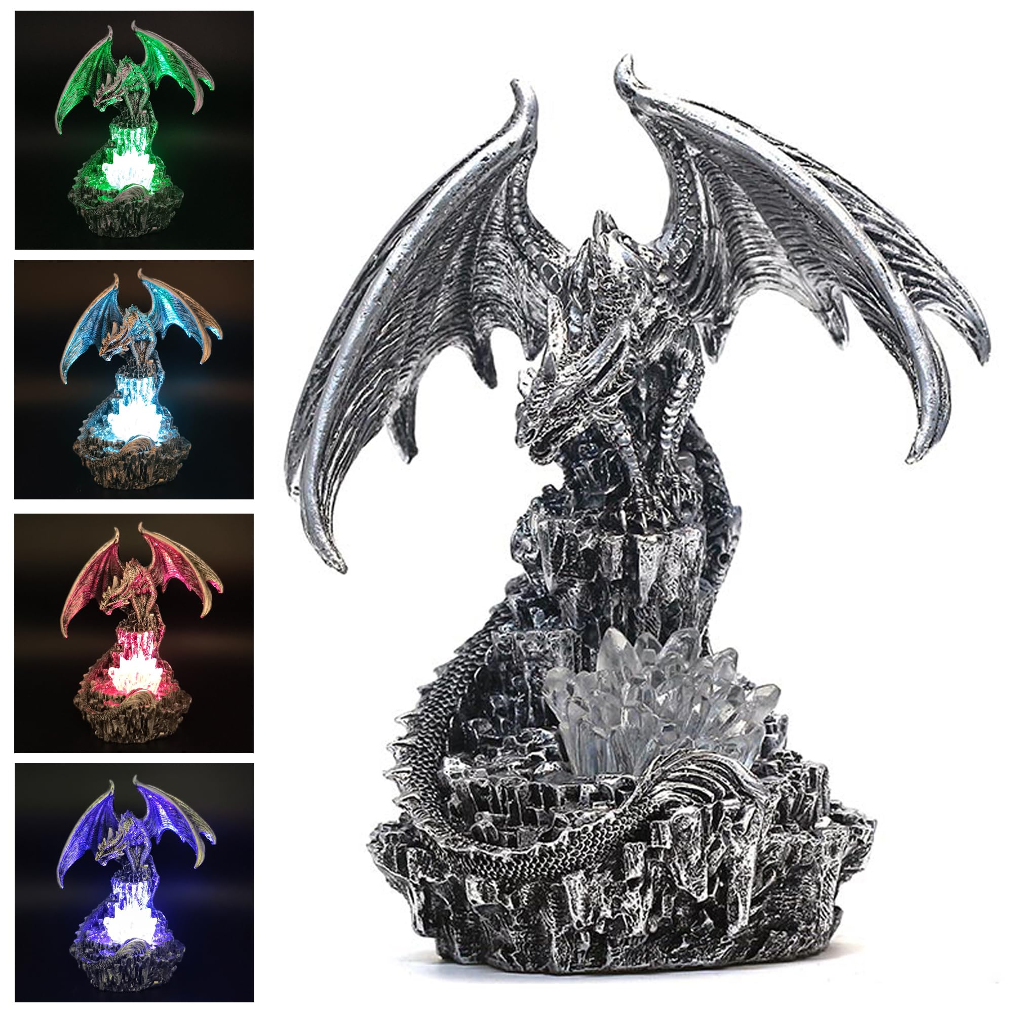 Statua decorativa a forma di drago in finto cristallo, con luci a LED, per libreria, idea regalo per gli amanti dei draghi (argento)