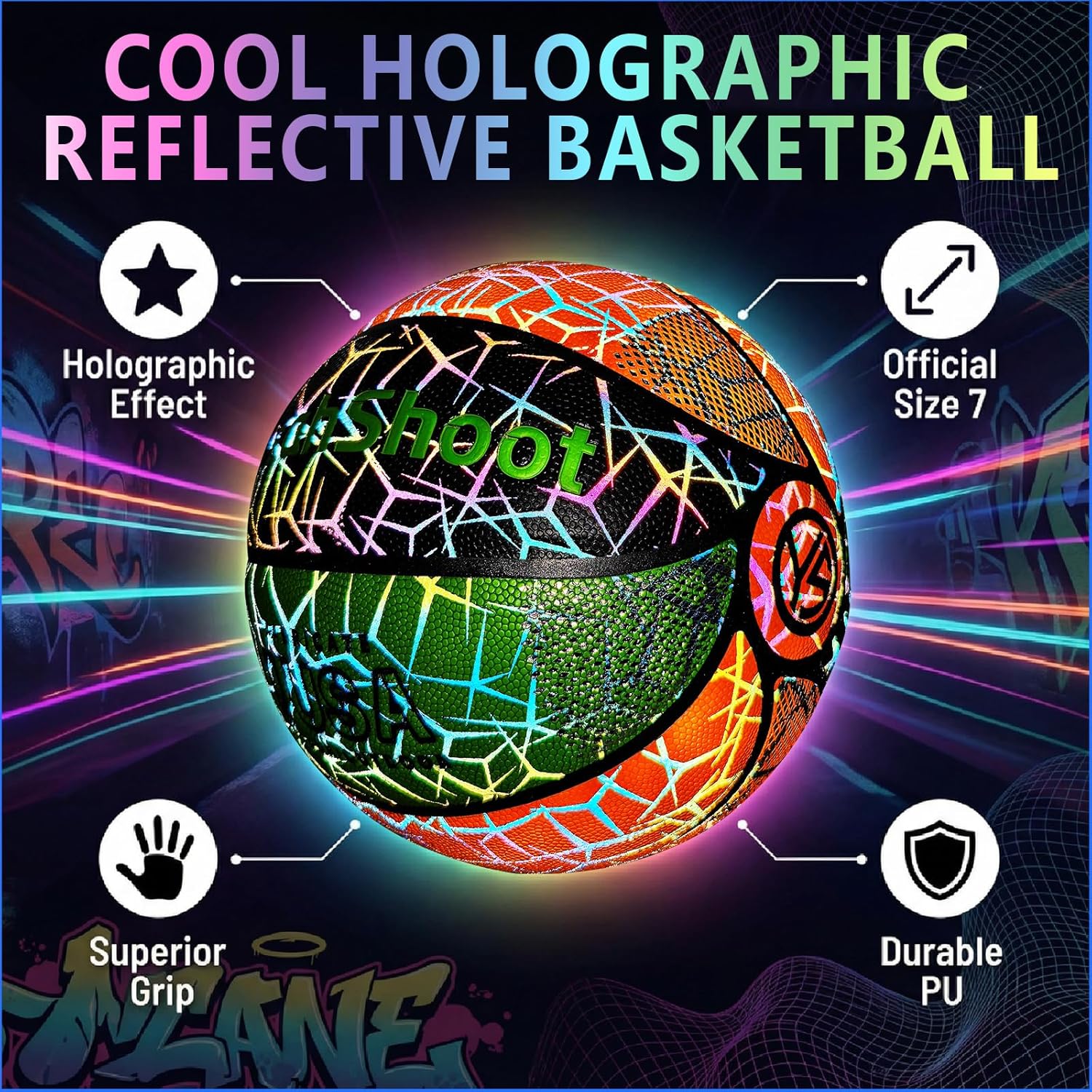 Holographic Reflective Basketball Size 7, Rainbow Vortex Color Block Design, Durable PU Grip Night Game Ball with Pump & Storage Bag, Great Gift Idea