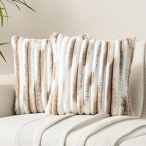 Juego de 2 fundas decorativas de felpa de pelo sintético suave a rayas para sofá, sala de estar, 24 x 24 pulgadas
