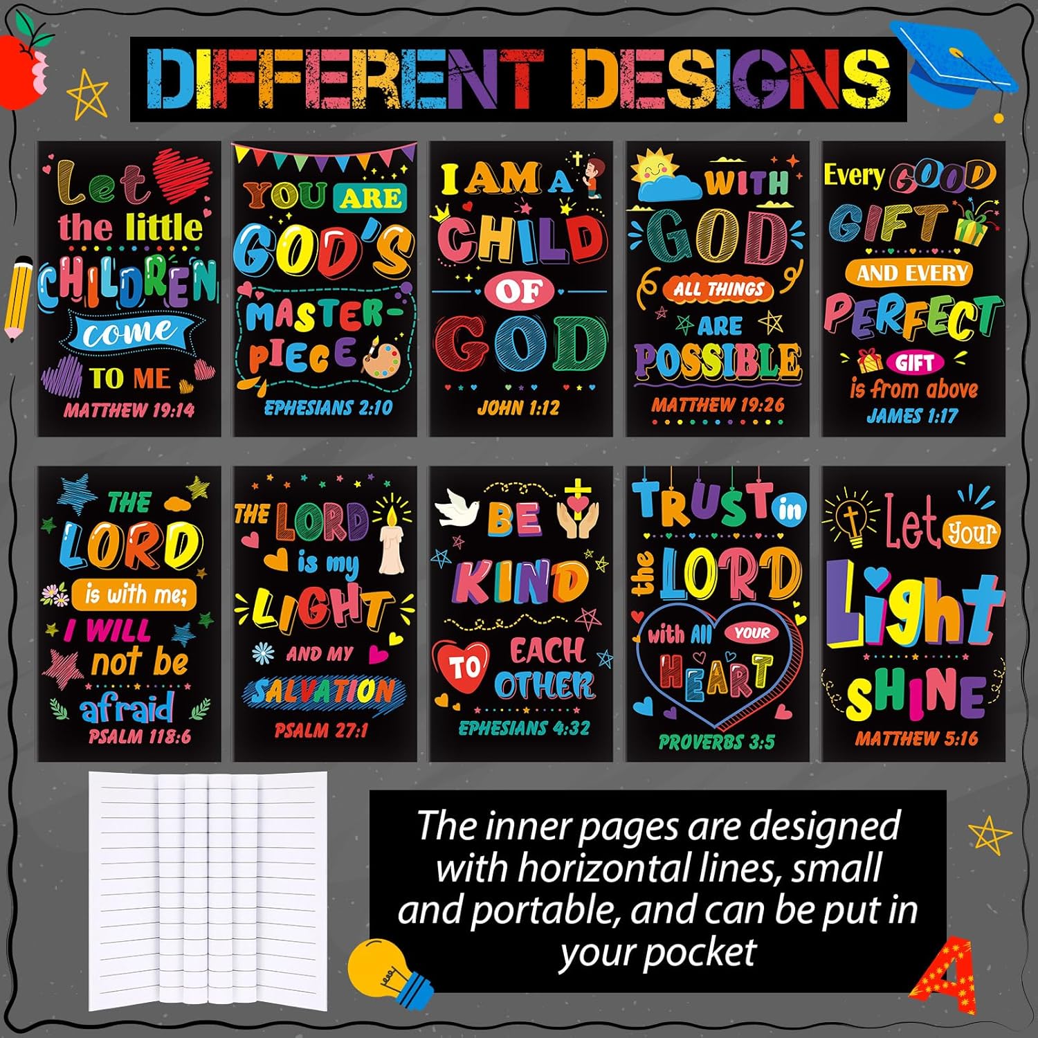 Moinchore 200 Pcs Christian Gifts for Women Christian Accessories Include 50 Bible Verses Notebooks 50 Church Bookmarks 50 Ballpoint Pens 50 Organza Bags for Church Motivational Gift (Bright)