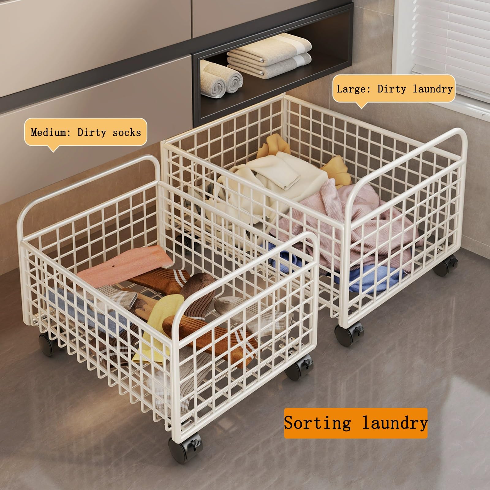 Cesta biancheria metallica bianca su ruote due manici ventilata per bagno | Cesta biancheria metallica bianca rete ruote manici bagno vestiti sporchi ventilata giocattoli(Weiß,48*30*25)