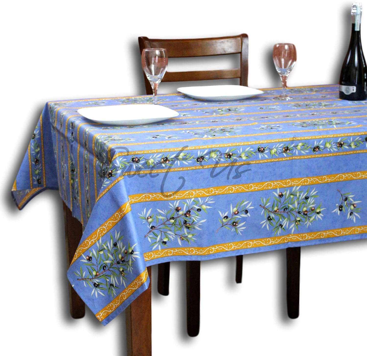 Wipeable Tablecloth Spill Resistant Acrylic Coated Floral Cotton French Provencal for Square Tables 60 x inches, Blue Olive Stripes, 60 x 60 in