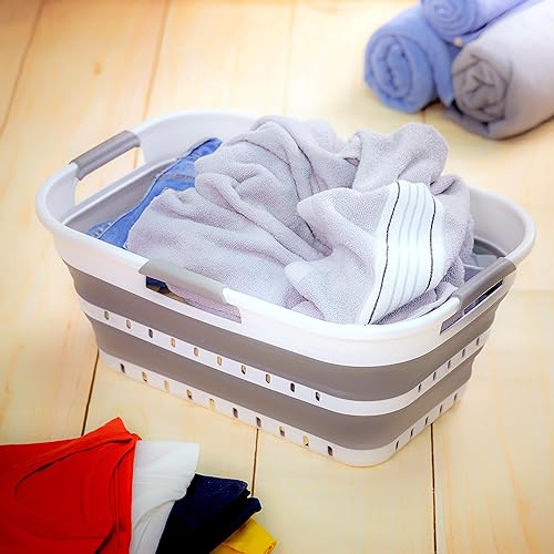 Miniatura 4 de SAMMART Cesta de plástico súper plegable de 3 asas de 21 L (5.5 galones)  Contenedor de almacenamiento plegable  Cesta de ahorro de espacio