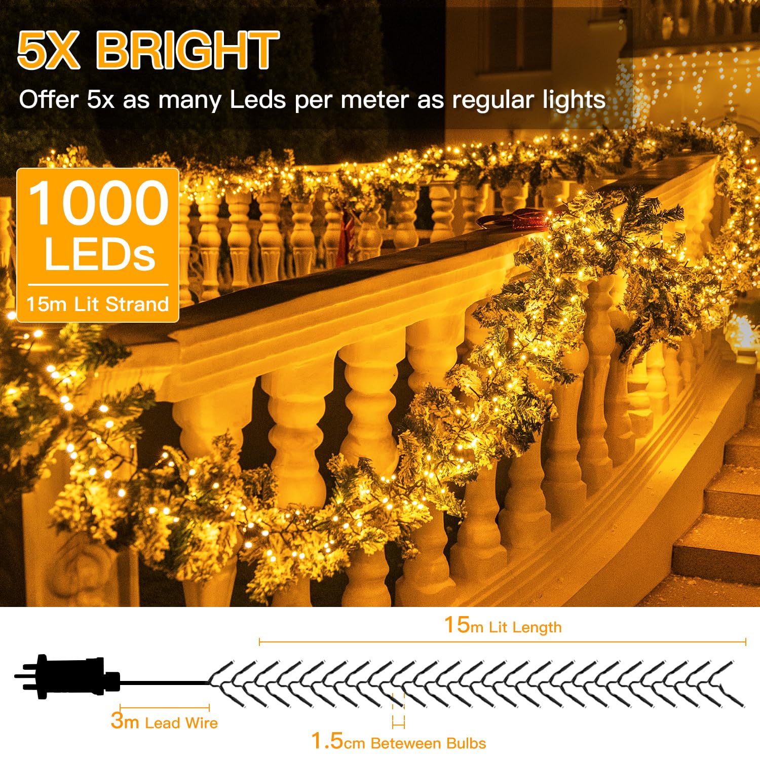 Ollny Outdoor Cluster Christmas Lights - 15m 1000LEDs Xmas Tree Fairy Lights Mains Powered Plug in with 8 Modes/Timer/Remote, Bright Waterproof String Lights for Garland Outside Indoor Decoration - Image 4