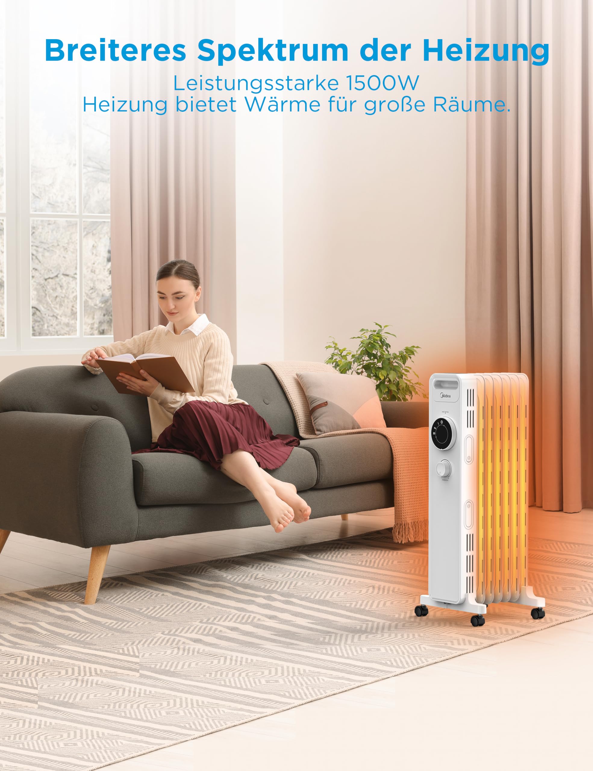 Midea NY1507-22M grzejnik olejowy, 1500 W, energooszczędny, cichy, z 7 żebrami, termostat, 3 stopnie ogrzewania, zabezpieczenie przed przewróceniem i przegrzaniem, tryb ECO, szybkie nagrzewanie i