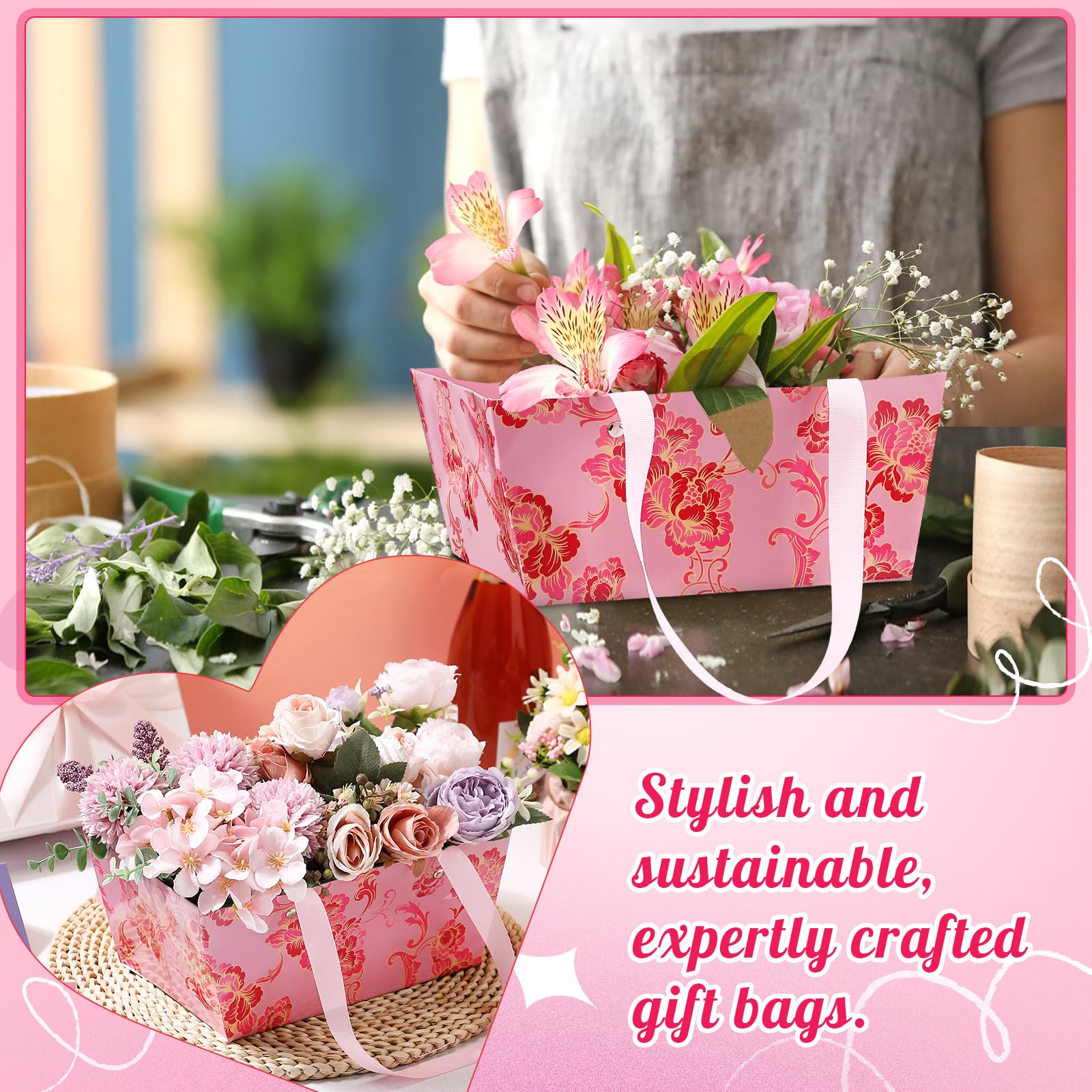 Kolldenn 48 cestas de flores vacías para regalos de 9.8 x 6.5 pulgadas, cesta de regalo floral para llenar caja de ramo resistente con asas, lazos, bolsas de plástico y tarjeta para el día de la