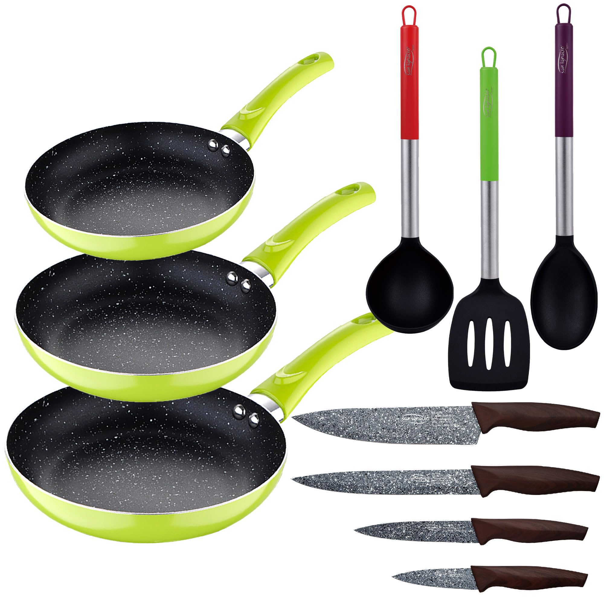 San Ignacio Set 3pc sarten (20+24+28cm) aluminium pressé vert avec Set 3pc ustensiles de cuisine en nylon avec Set 4pc couteaux en acier inoxydable