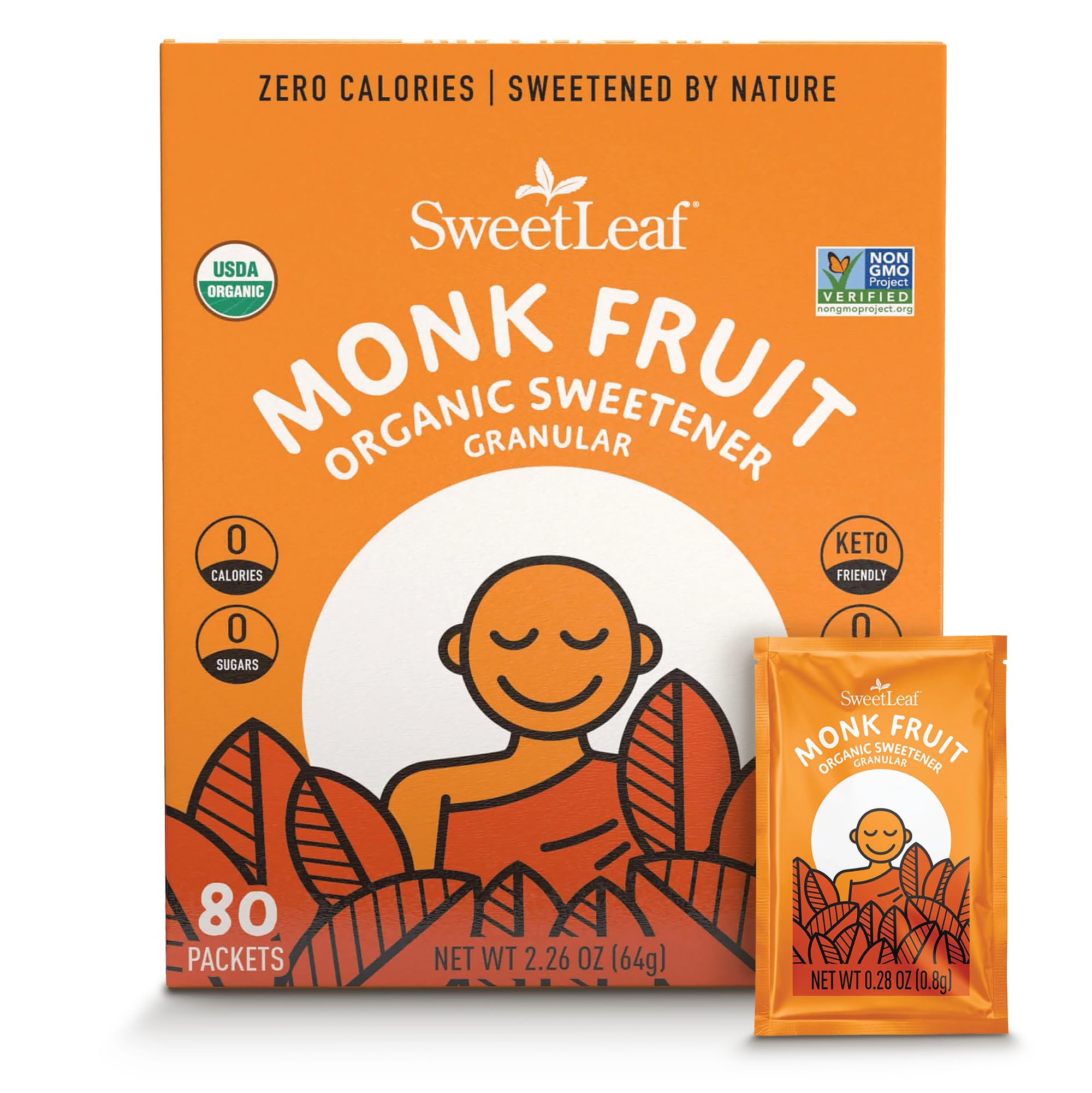 SweetLeaf Organic Monk Fruit Sweetener, Granular - Keto Friendly Natural Sugar Substitute for Coffee, Tea, and Baking, Zero Calorie, Organic Monk Fruit, Non GMO, Sugar Free - 80 Individual Packets