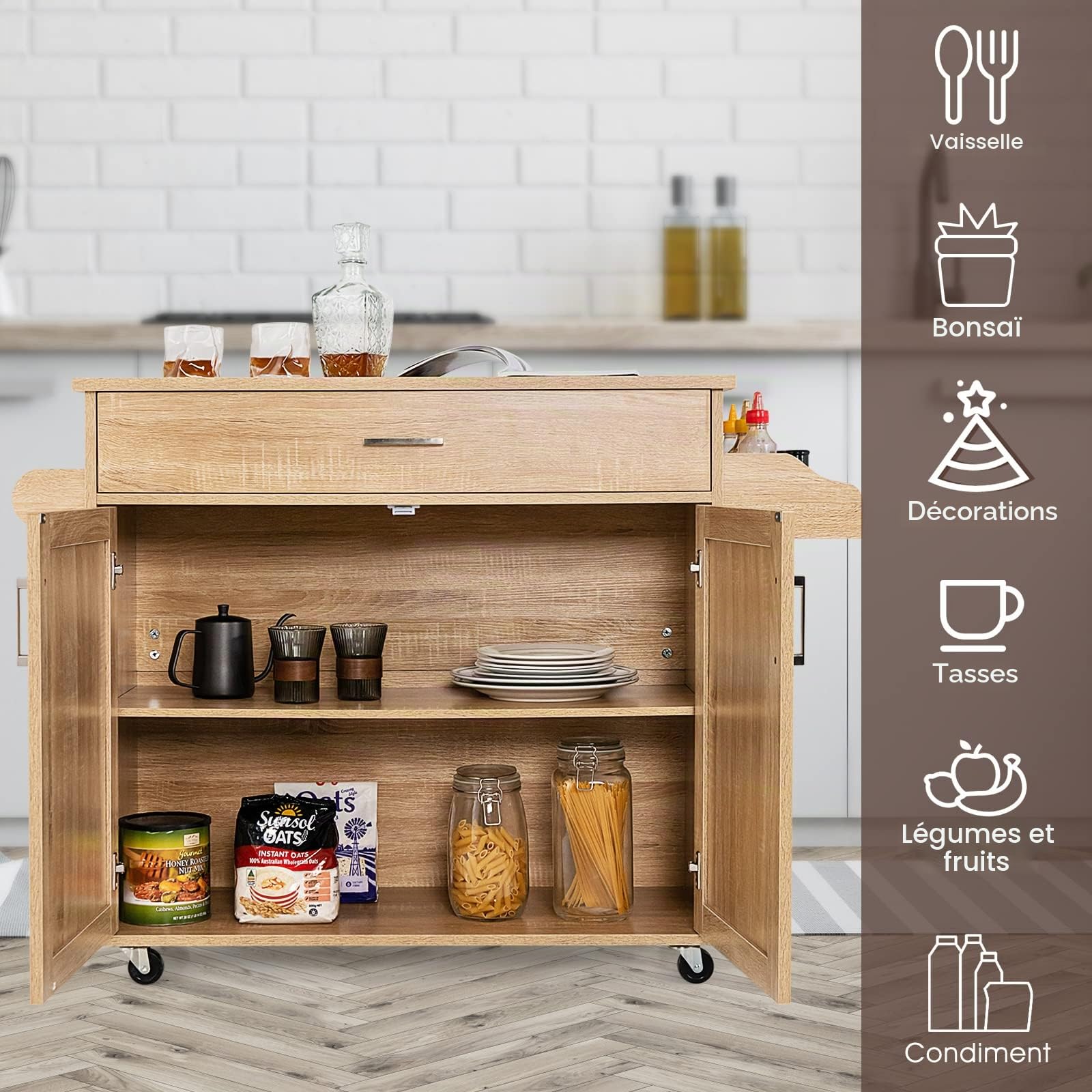 GIANTEX Desserte à roulettes avec Plan de Travail 90 x 40 cm, Desserte de Cuisine avec Grand Tiroir et Armoire à 2 Portes, Porte-Épices et Porte-Serviettes,116 x 40 x 85 cm (Naturel)