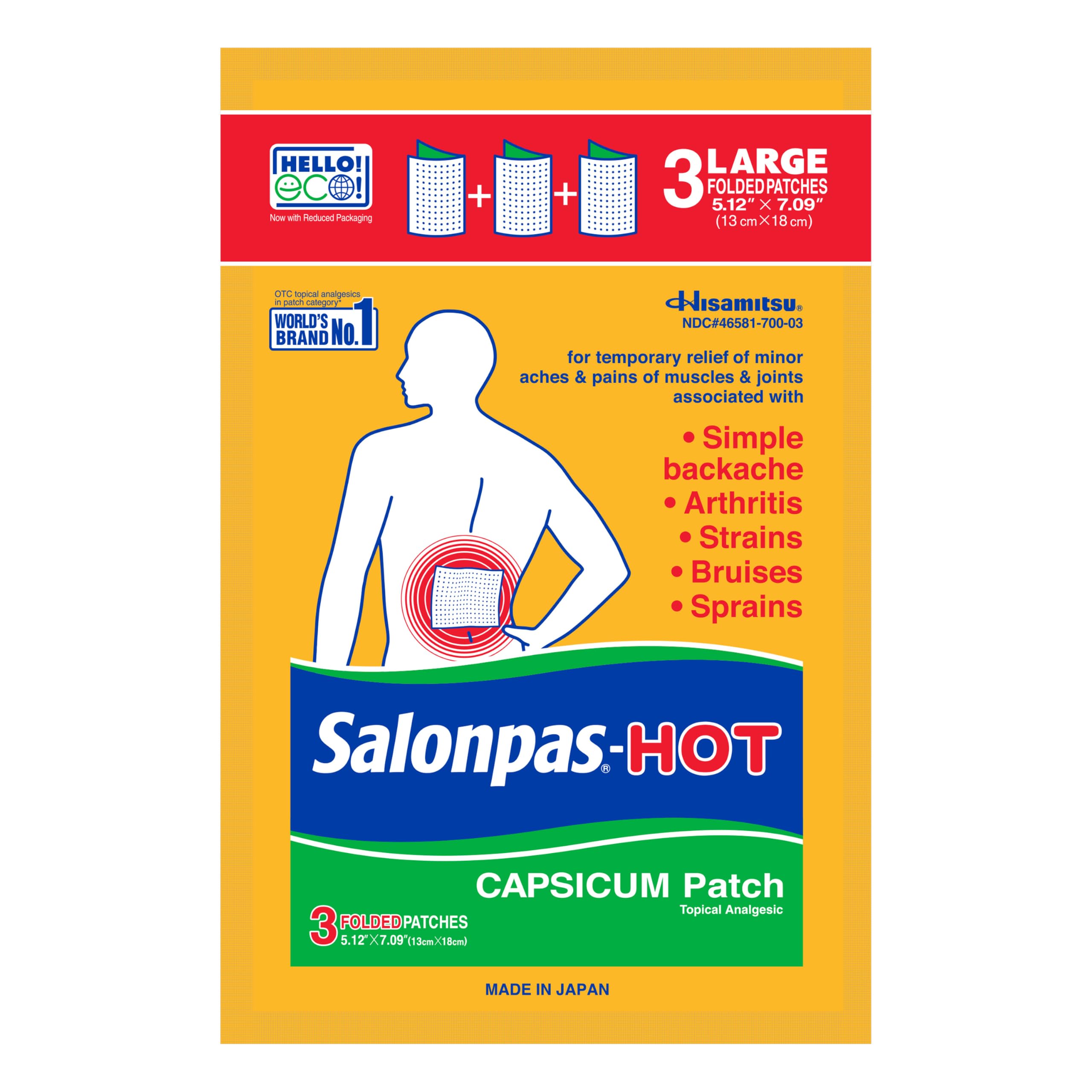 Salonpas Pain Relieving HOT Capsicum Patch, 3 Count (12 Pack) | For Temporary Relief Of Minor Aches & Pains, Simple Backache, Arthritis, Strains, Sprains, Bruises, Warming Sensation