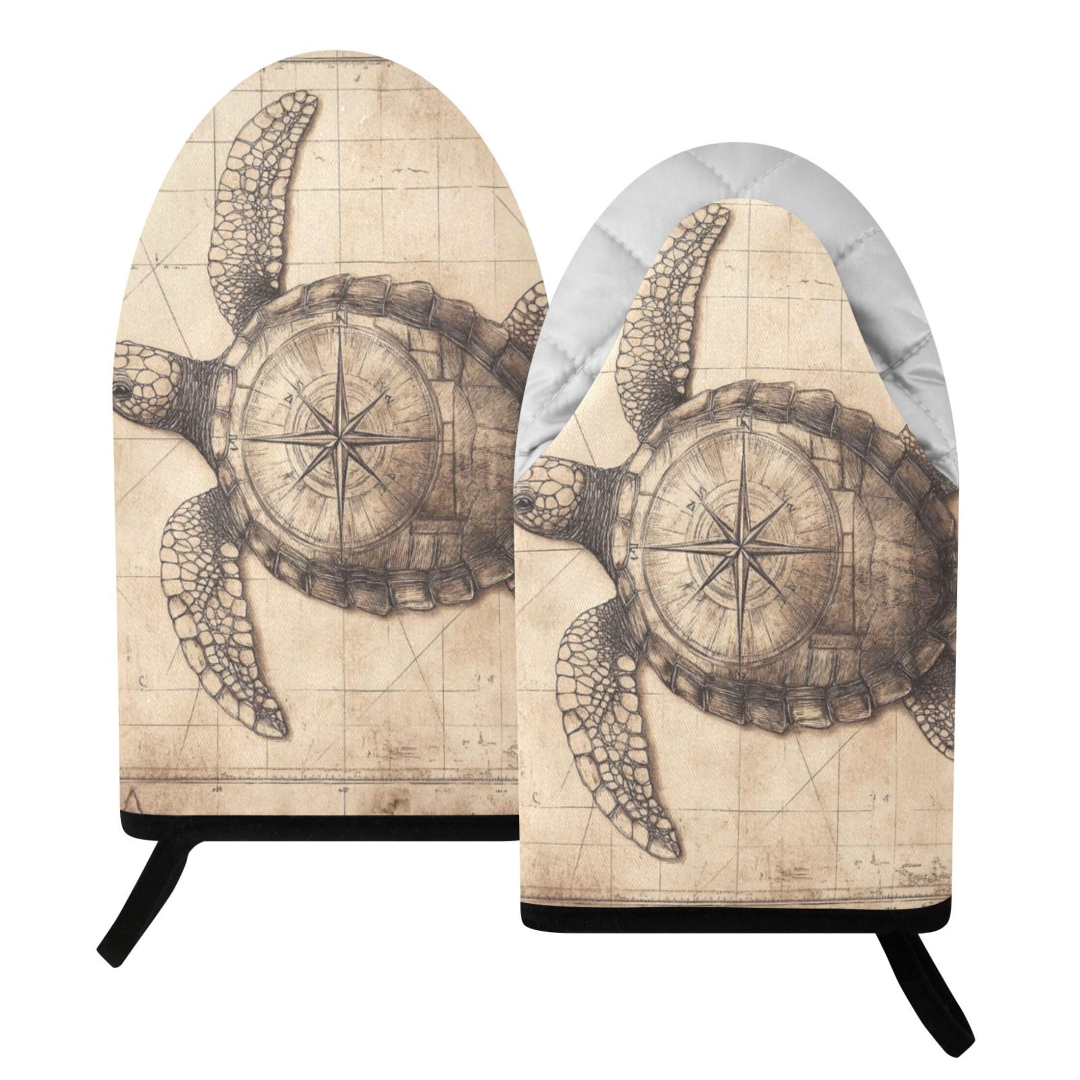 Fuauuyl Oven Mitts Heat Resistant Kitchen Gloves, Turtle on Map Classic Oven Gloves with Hanging Loop for Baking BBQ Cooking Grilling, 1 Pair, 9.5 in