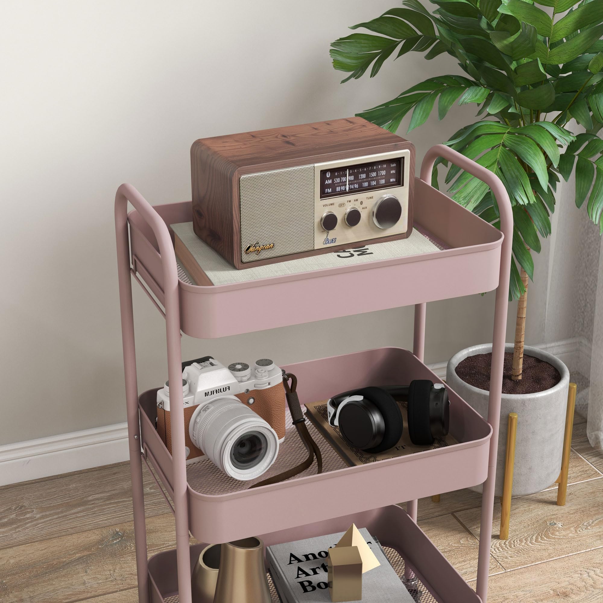 HOMCOM Carrello da Cucina a 3 Livelli con Maniglie e 4 Rotelle, Carrello Portaoggetti in Acciaio, per Ufficio, Soggiorno, Cucina, 45x30.6x79 cm, Rosa