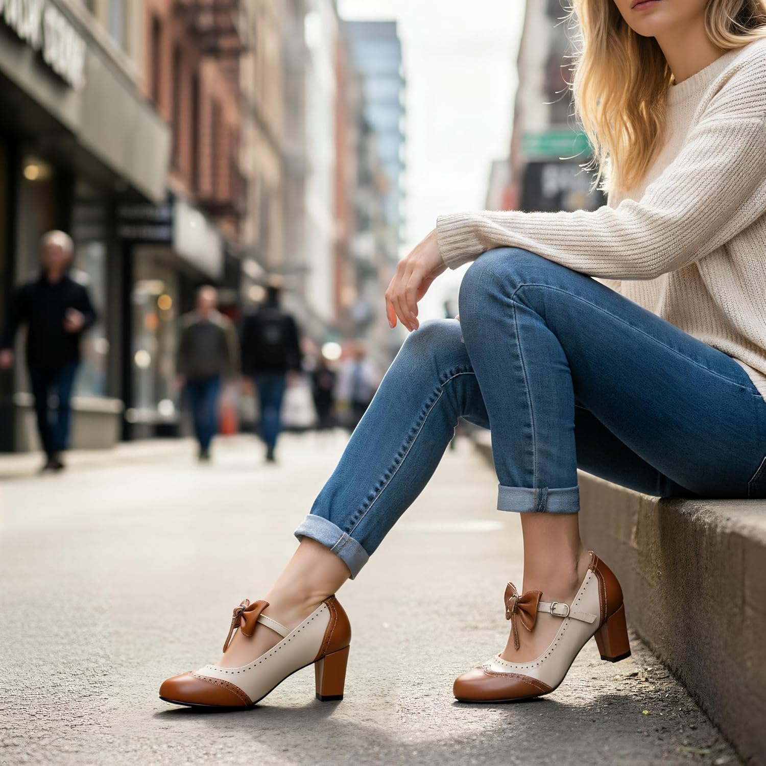 LIURUIJIA Women's Chic Bow Mary Janes Chunky Heels Ankle Strap Vintage Oxfords Pumps Cute Kawaii Dress Shoes - Image 2