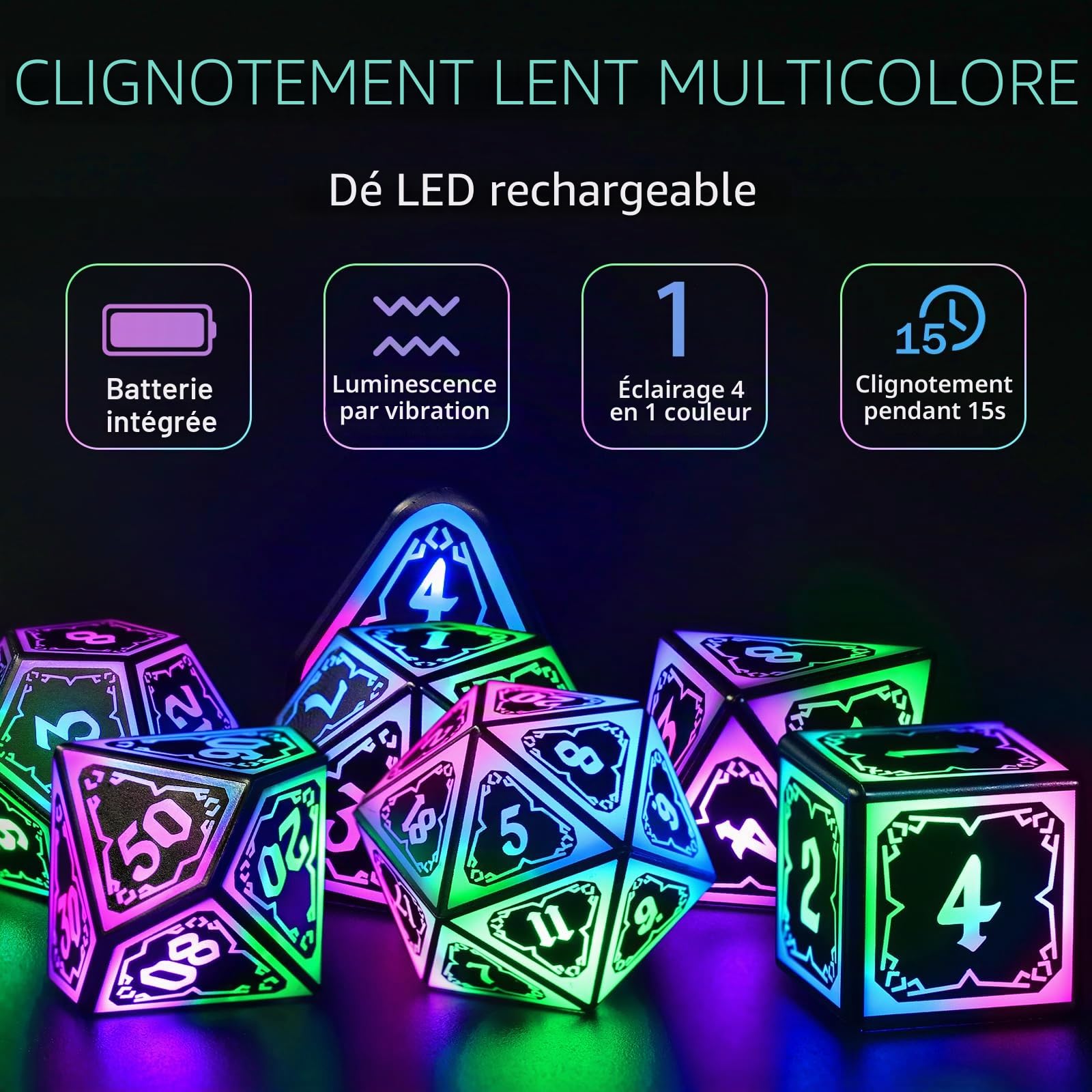 FONVGOGO Dés JDR Dés Jeu de Role pour Donjon et Dragon, Set de des JDR 7 Pièces Lumineux sans Fil Rechargeables avec Boîtier de Chargement Polyédriques DND Dice Set (Coloré)