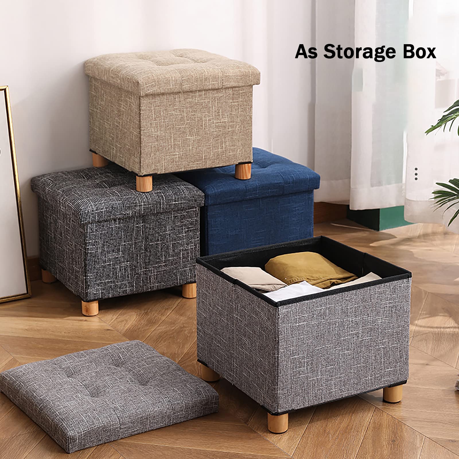 Amazon｜折りたたみ式収納 スツール、収納ボックス付き木製脚付亜麻