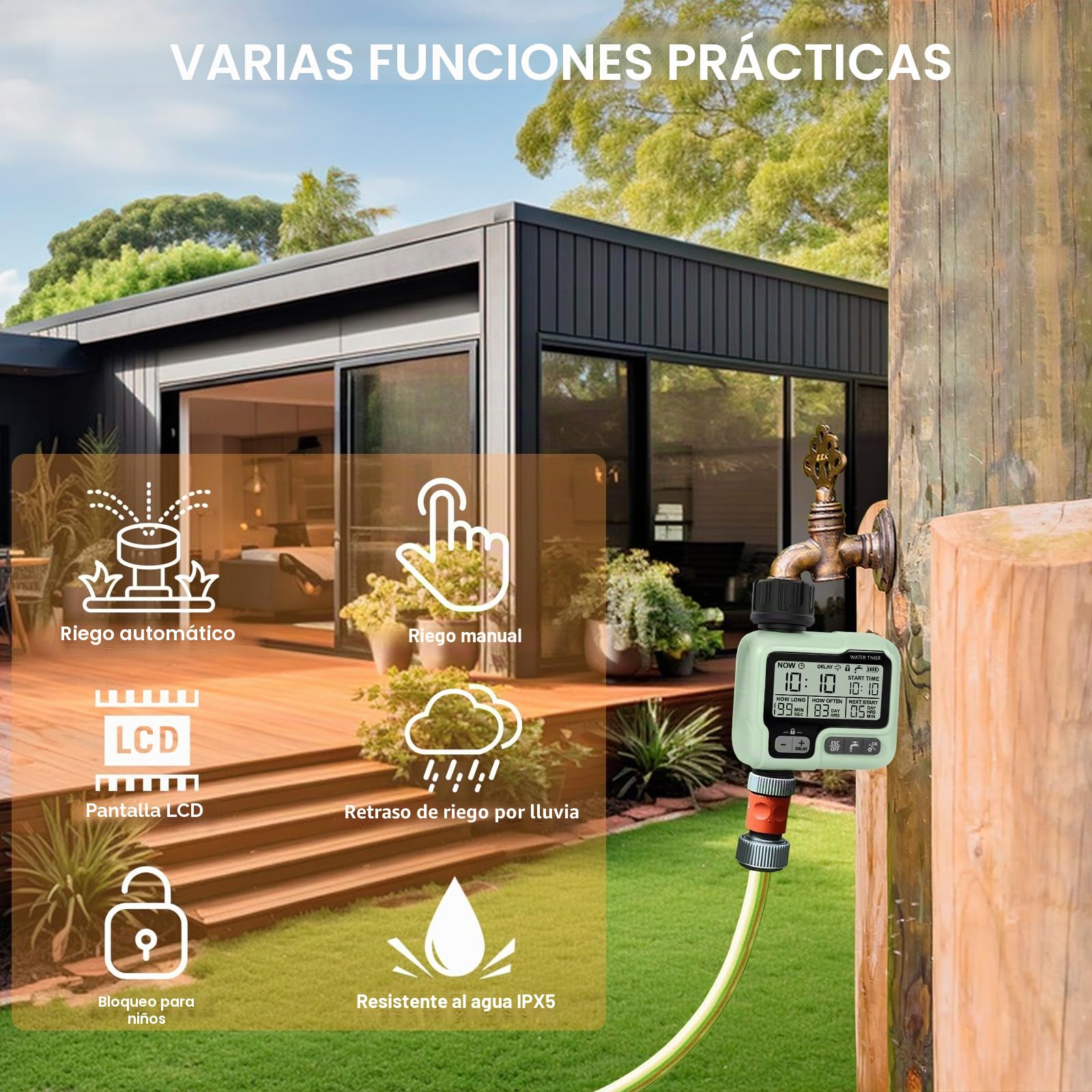 AQXONG Temporizador de riego automático/manual, temporizador de riego de jardín, conectar el temporizador del grifo con modo de bloqueo infantil/retardo de lluvia/sellado IPX5/pantalla LCD