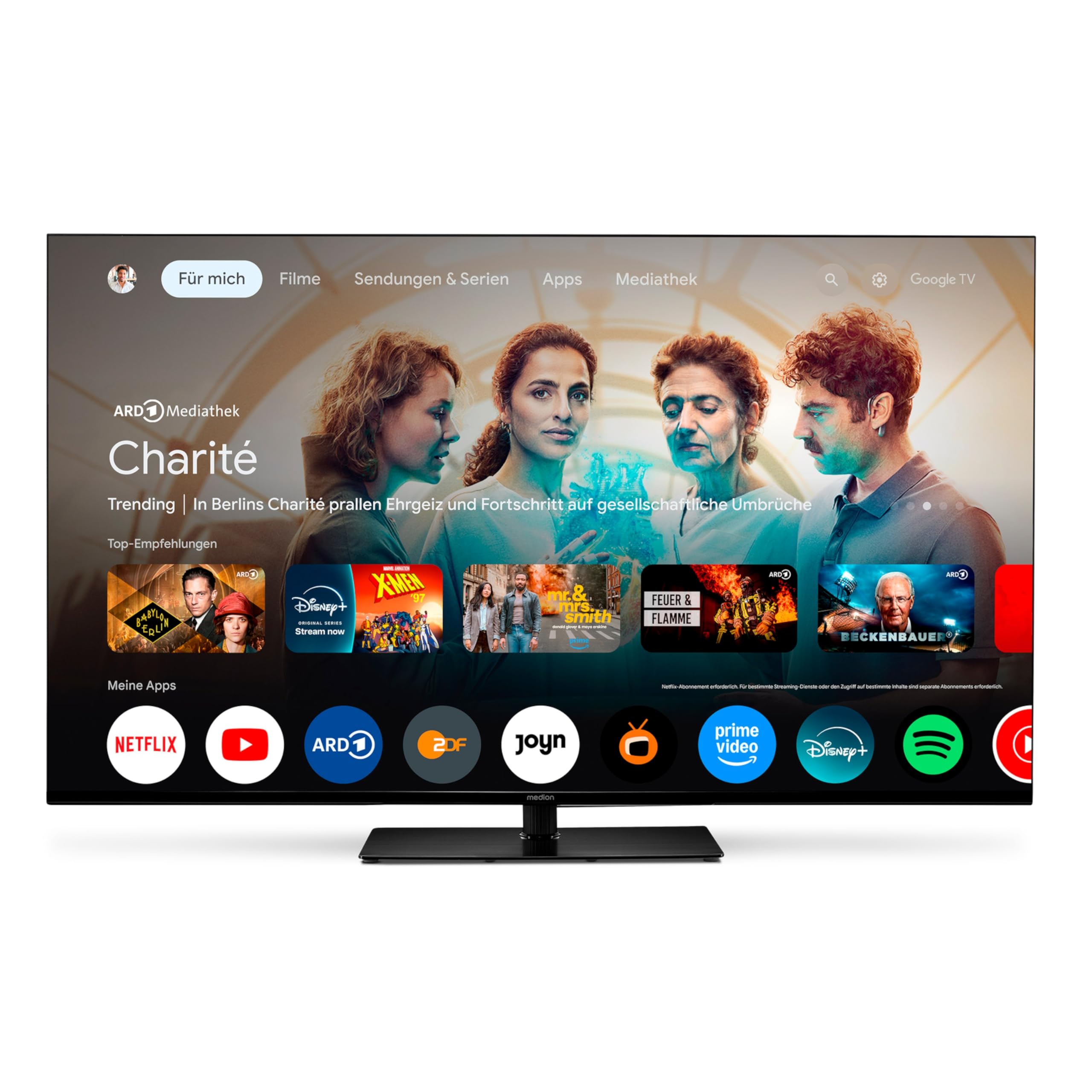 Image de la MEDION TV 43 Pouces affichant son design élégant et ses fonctionnalités intégrées 4K, Dolby Vision HDR et autre spécificité.