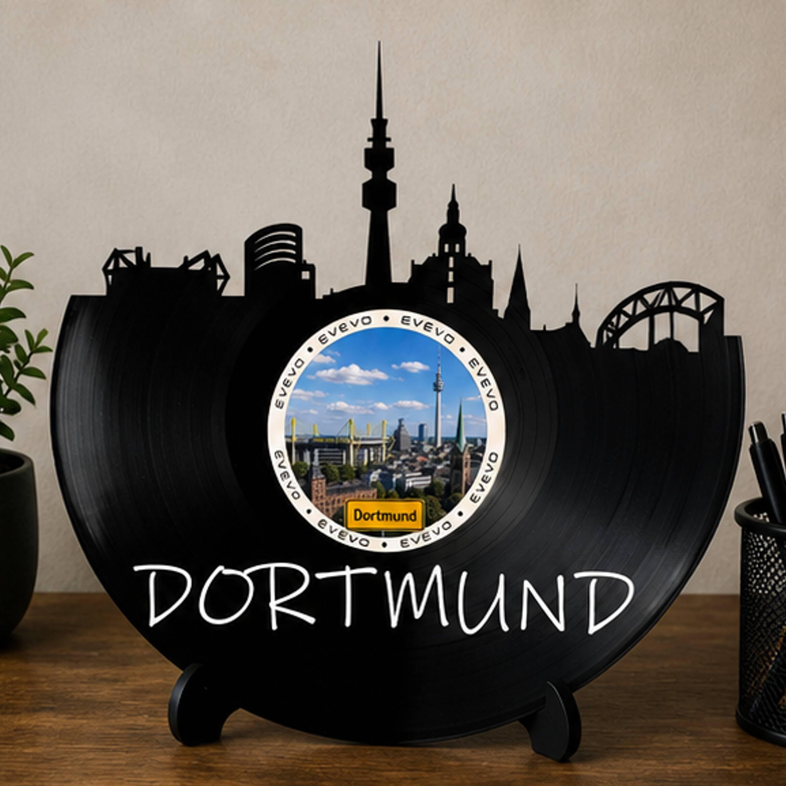 EVEVO Decorazione da parete a forma di disco di Dortmund, decorazione da parete in vinile, motivo skyline della Ruhr, regalo per gli appassionati di Dortmund U, D0057