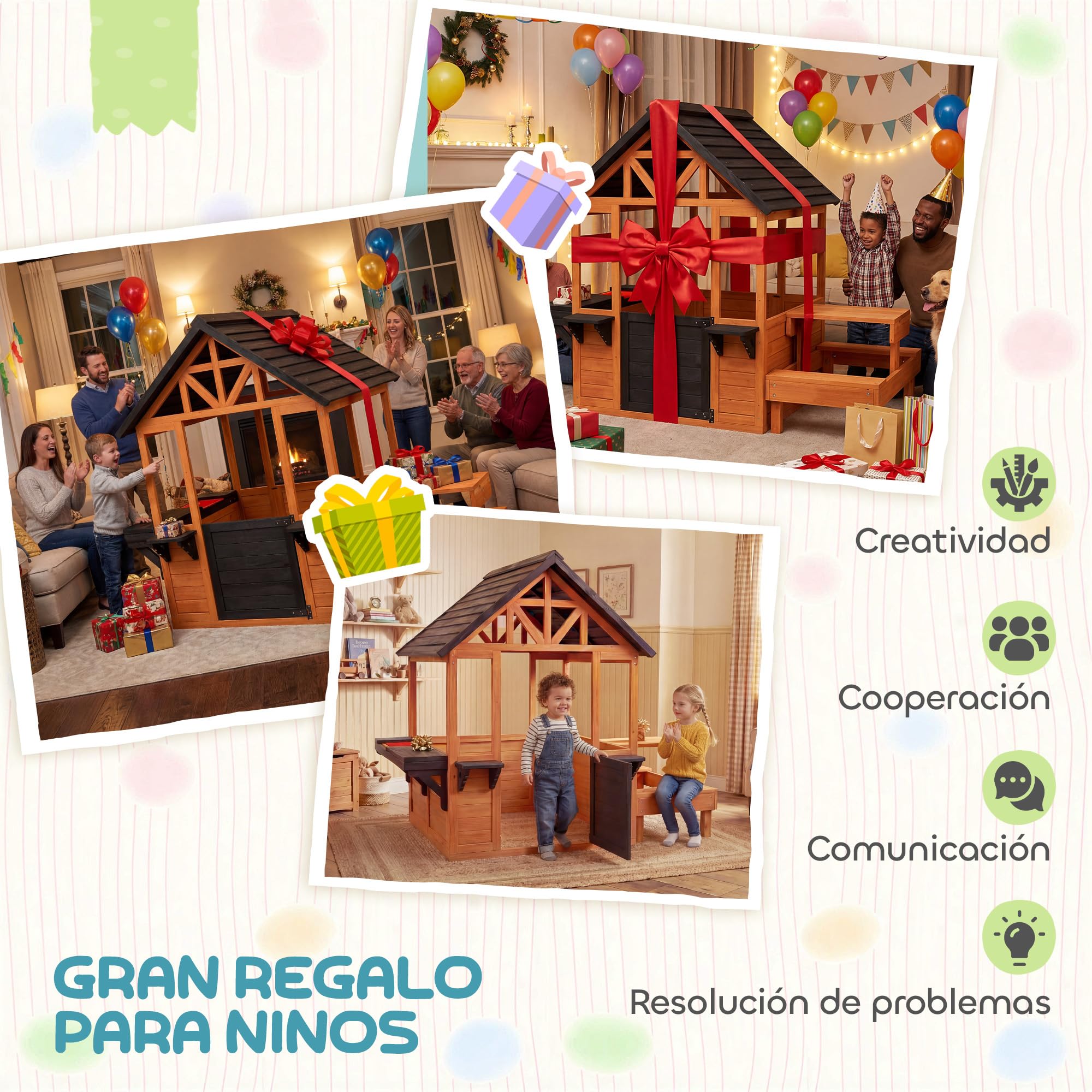 AIYAPLAY Casita Infantil Exterior e Interior de Madera, Casita Infantil con Barra de Snack, Mesa de Picnic y Bancos, Fregadero, Maceteros, Ventanas, Cocina Juguetes para Niños 3-8 Años, Marrón Claro