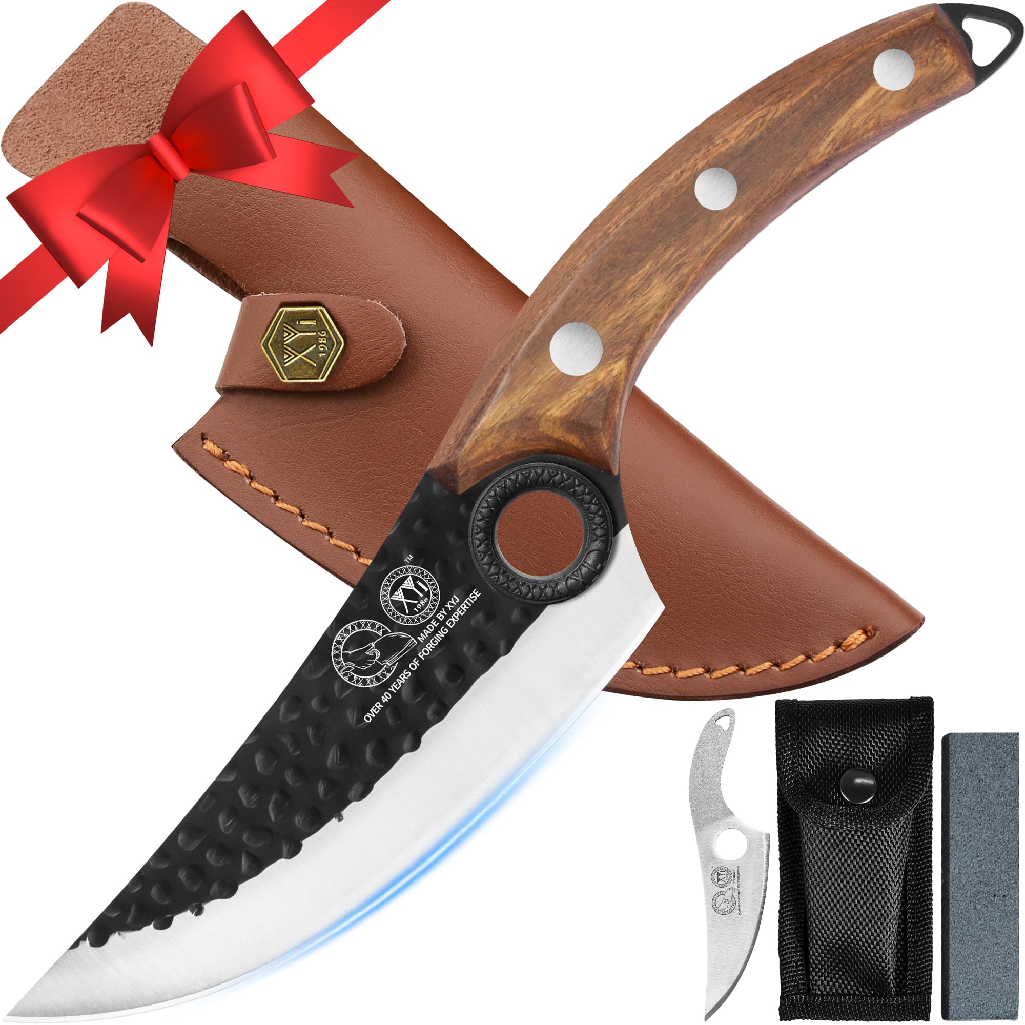 XYJ FULL TANG 6 Inch Stainless Steel Boning Knife Chef Fishing Knives Carry Leather Sheath Outdoor Cooking Knives Meat Butcher Knife For Camping Kitchen or Outdoor BBQ