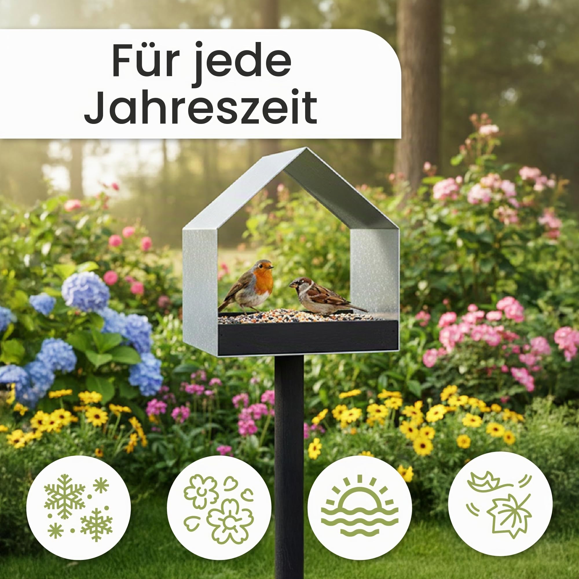 PATKAR Vogelhaus Futterhaus für Vögel mit Ständer aus Kieferholz und Verzinktes Blech - Vogelfutterhaus Vogelfutterstation für Wildvögel Vogel Futterstation + 500g Futter Gratis