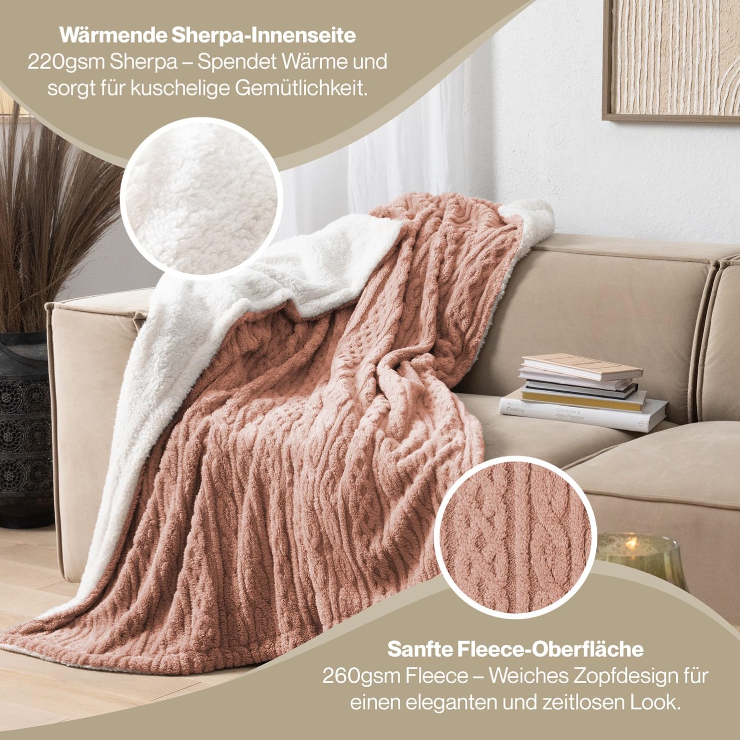 Blumtal Kuscheldecke 230x270 cm mit Zopfstrick-Optik - Oeko-TEX zertifizierte Mikrofaser Fleecedecke 230x270 cm mit weicher Sherpa-Innenseite - Bettüberwurf 220x240 - Dusty Pink