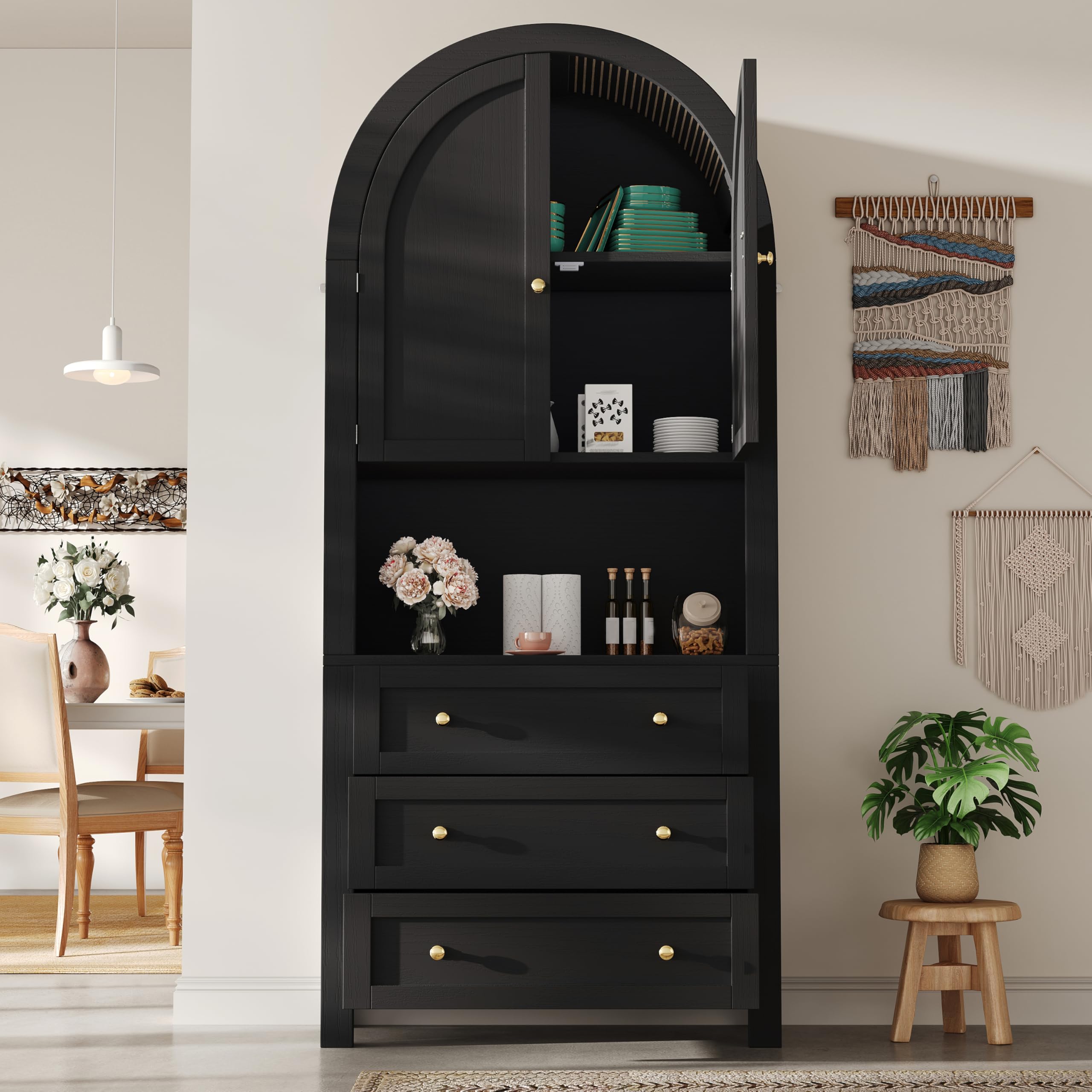 Armadio ad arco con cassetti, ante e scomparti aperti, colore nero