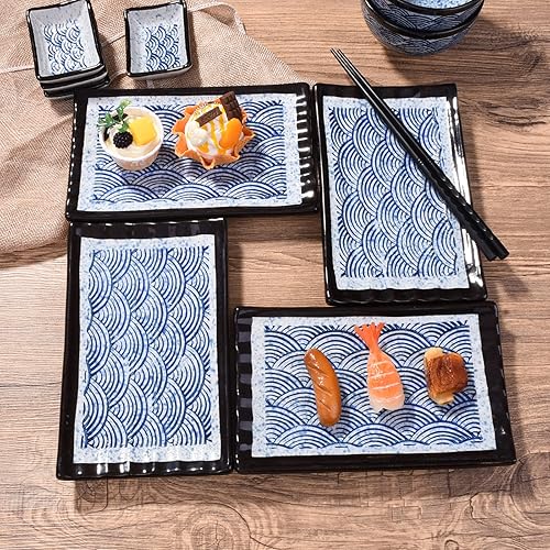 Miniatura 3 de Platos japoneses de sushi de 8 pulgadas, bandeja rectangular de porcelana con forma de ola azul, juego de 4 platos rectangulares