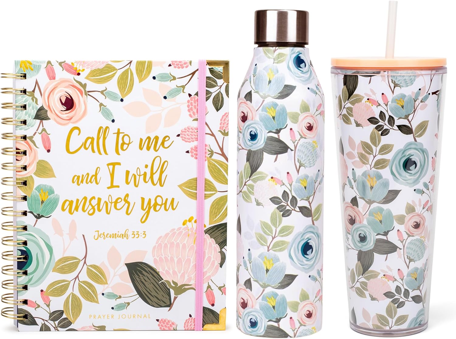 Mary Square Call To Me Peachy Pink Floral Foliage Prayer Note Journal, Travel Tumbler with Straw, Water Bottle with Screw Top Lid Bundle Gift Set