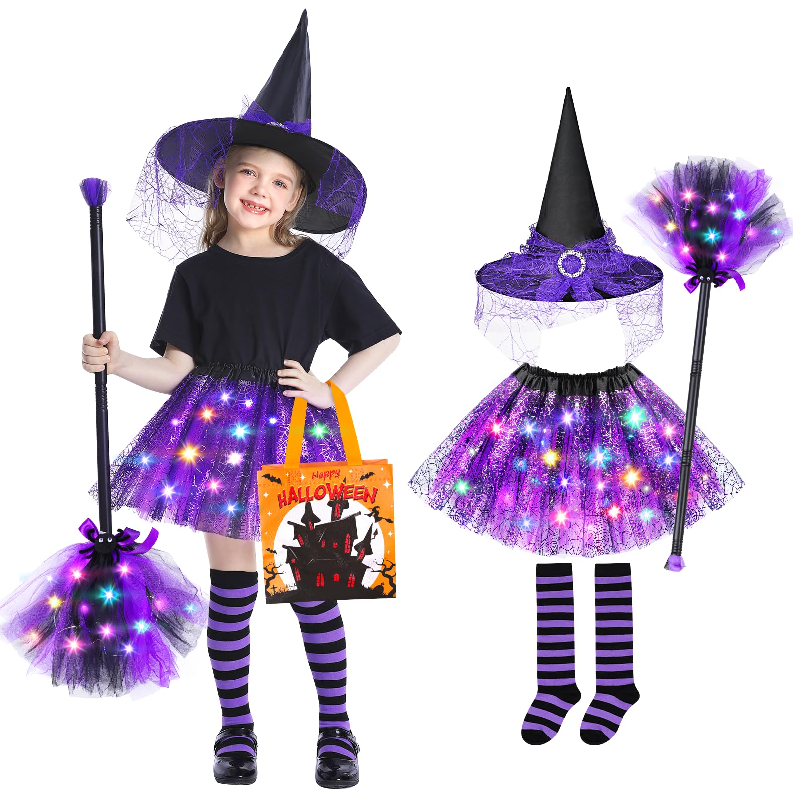 Jeowoqao Disfraz de bruja iluminado para niñas, falda de bruja, sombrero de escoba, bolsa de golosinas para niñas de 3 a 6 años