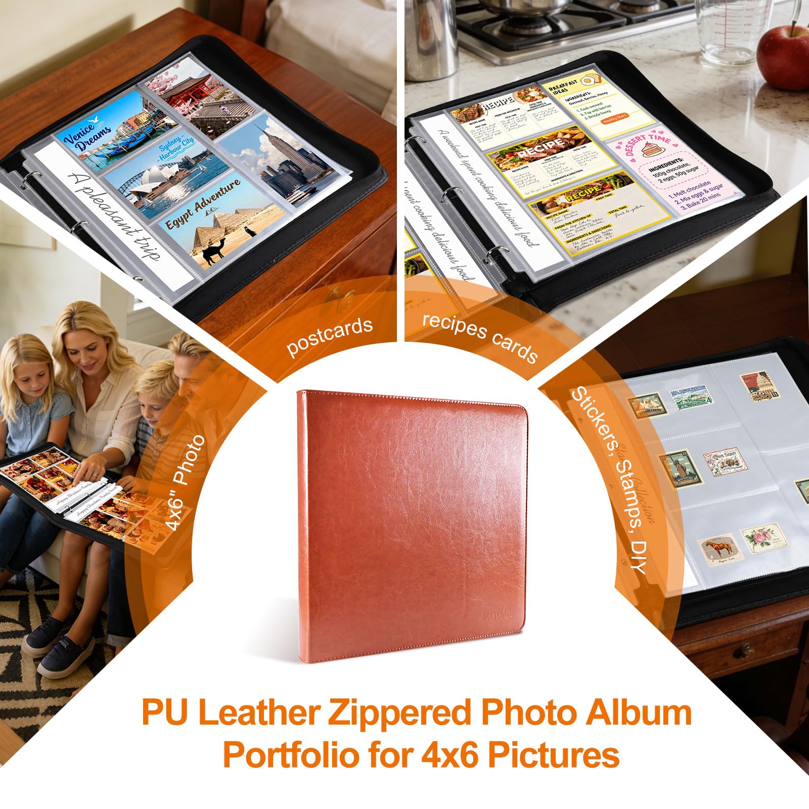 Álbum de fotos de 4 x 6 pulgadas para carpeta de 3 anillas, kit de álbumes de fotos de cuero con cremallera con 20 protectores de página, capacidad para 200 fotos de diseño mixto, gran capacidad