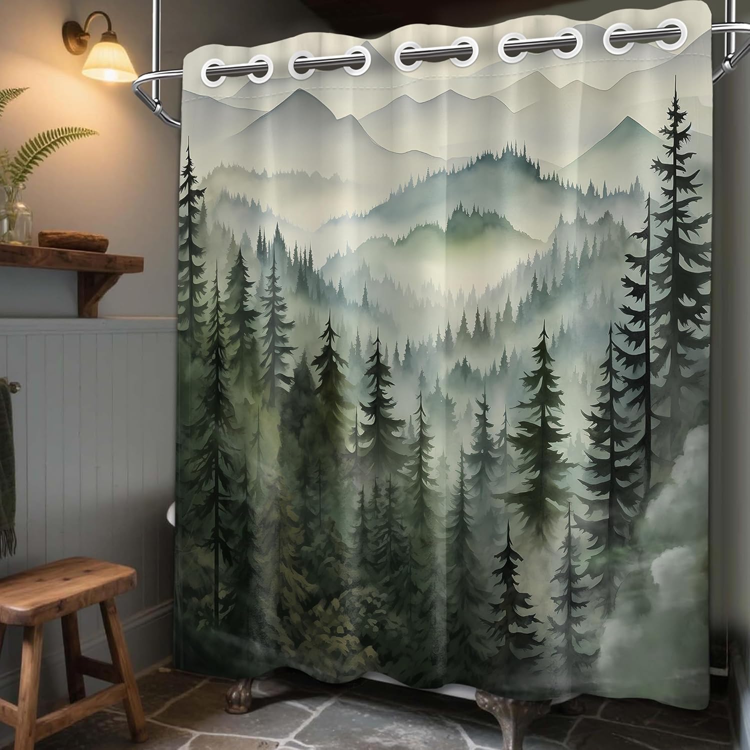 Forest Hookless Shower Curtain Magnets Weights Bottom No Hooks Magnetic Shower Curtains for Bathroom Decor, Mountain Rustic Nature Theme, Waterproof Polyester Fabric, 70x72 in
