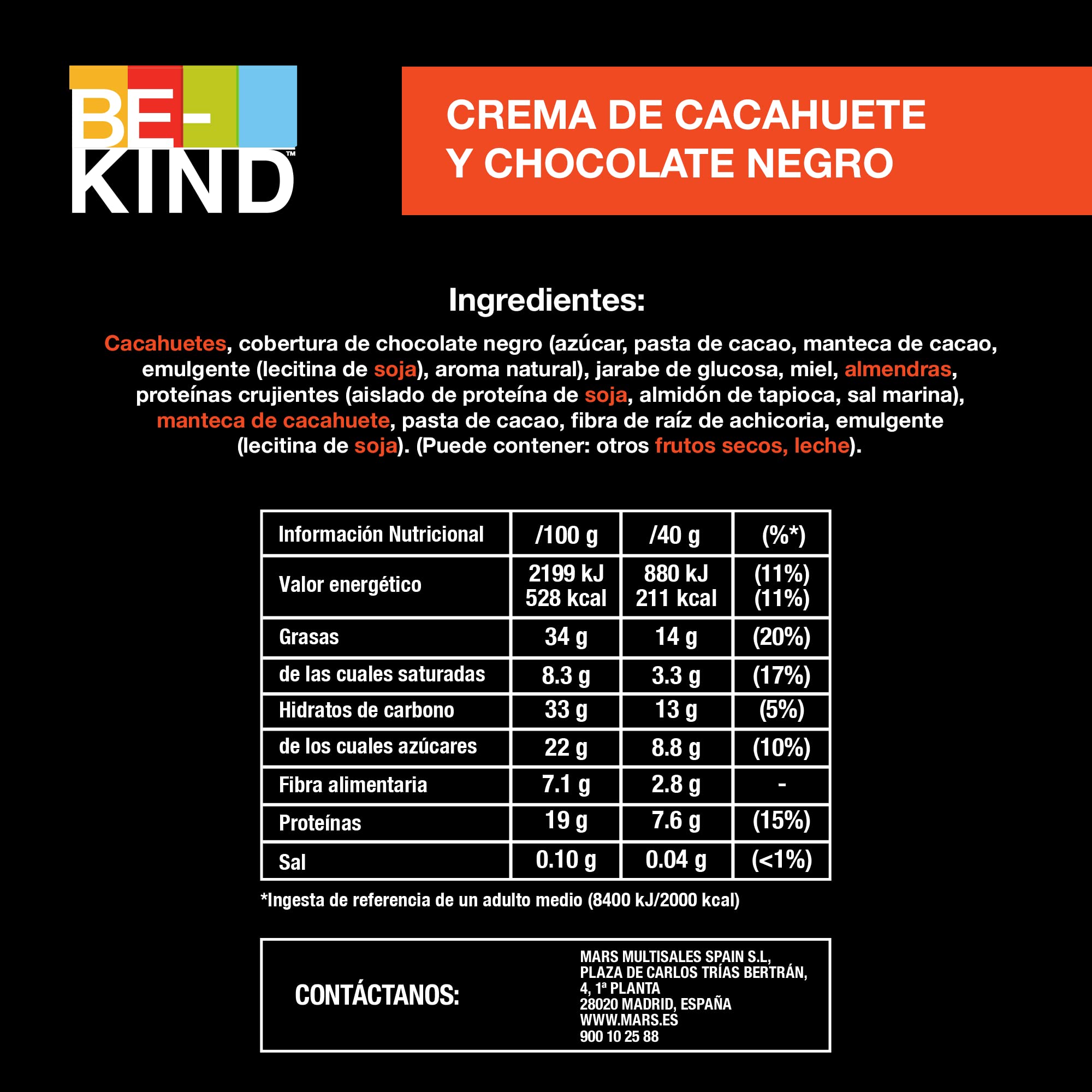 Be-Kind Barras de mantequilla de cacahuete y chocolate negro 12 Unidades 40 g