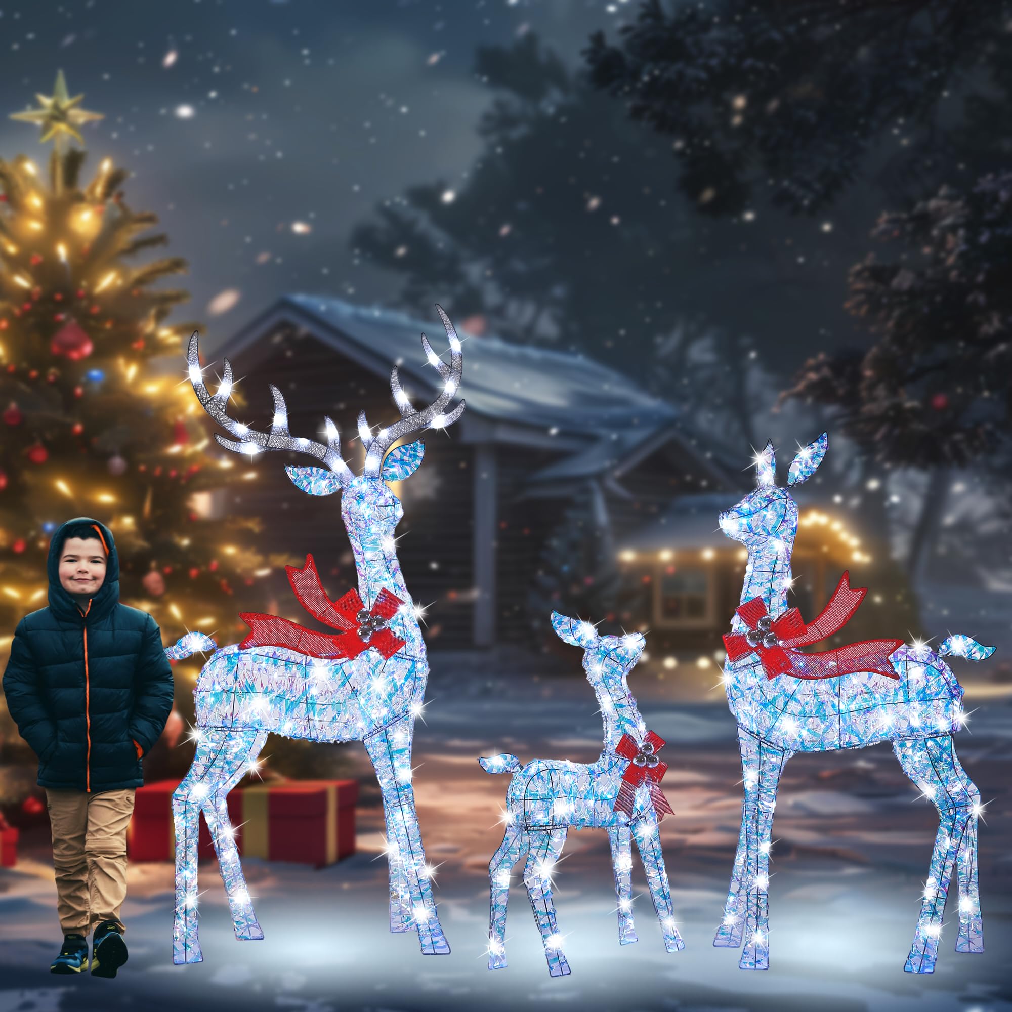 HbSpacstial 58 Inch 3D Colorful Large Lighted Christmas Deer Decorations 3-Piece Outdoor Holiday Decorations Reindeer Set with 210 Warm White LEDs, Large Yard Display for Garden, Storefront
