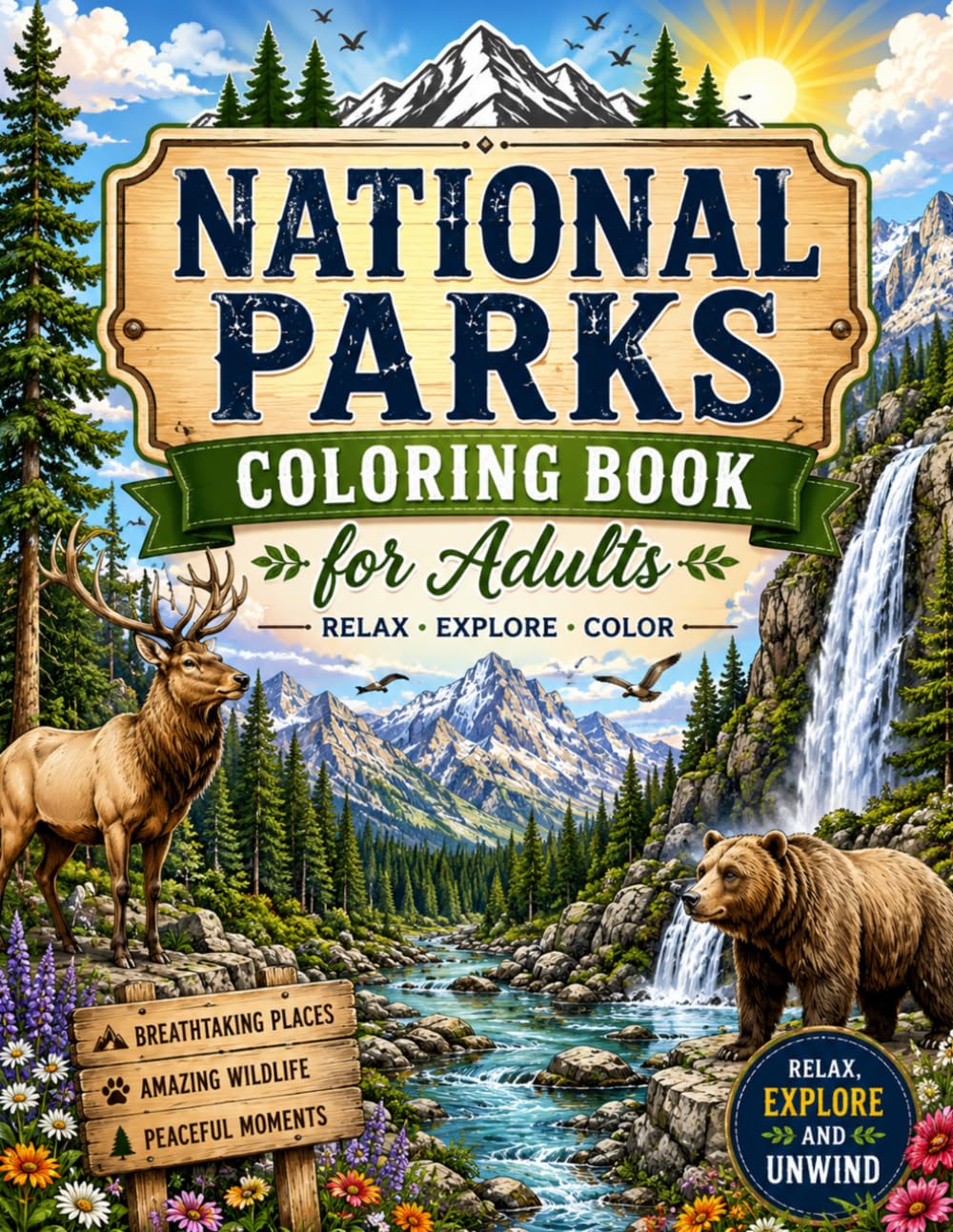 National Parks Coloring Book for Adults: 50 Relaxing Nature Scenes Featuring Mountains, Forests, Wildlife, Rivers & Waterfalls