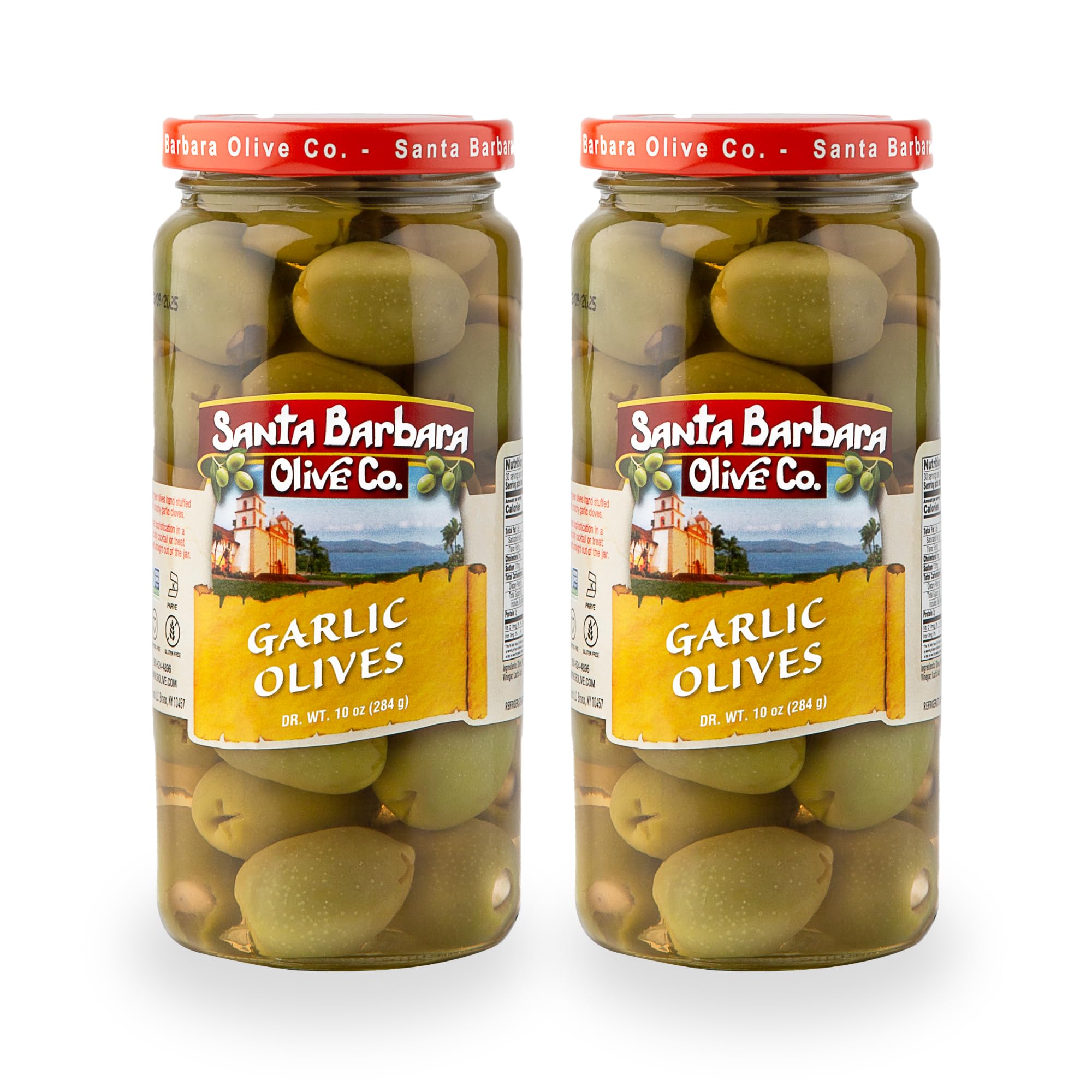 Santa Barbara Gourmet Garlic Stuffed Olives - Meaty Green Olives with Crunchy Garlic - Perfect for Cocktails or Straight from the Jar - 2-Pack, 10 oz