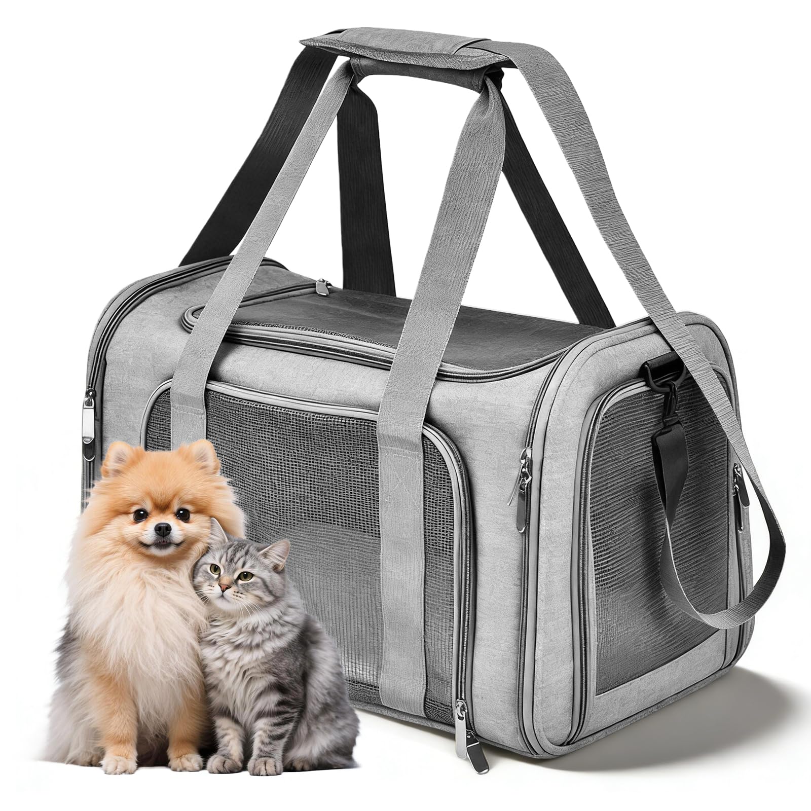 Sac Transport Chat Chien, 45 x 30 x 30 cm Sac de Transport pour Chat, Sac de Transport pour Animal, Sac de Transport pour Chats Pliable pour Chiens et Chats avec Bandoulière Réglable Gris, L