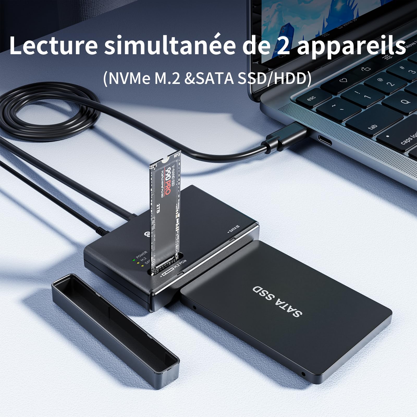 SUIDEK Adaptateur SSD M.2 NVMe, Lecteur de Disque Dur Type-C 10Gbps vers M2 et SATA, Boîtier SSD Externe PCIe NVMe pour Toutes Les Tailles de M.2 (M Key et M+B Key) et SATA 2,5"/3,5"