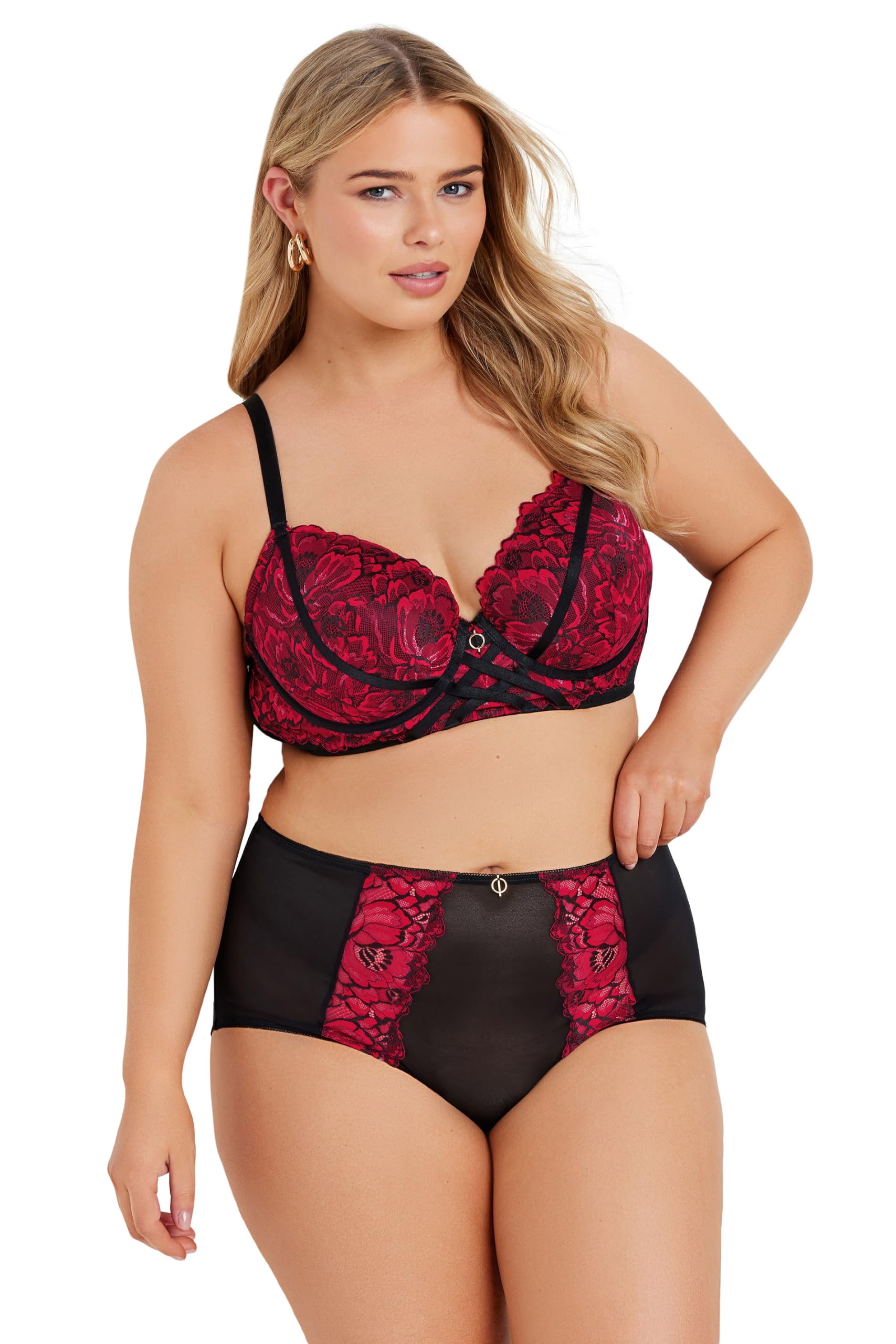 Yours Women's Lace Strap Detail Plunge Bra in Red | Size: 46D