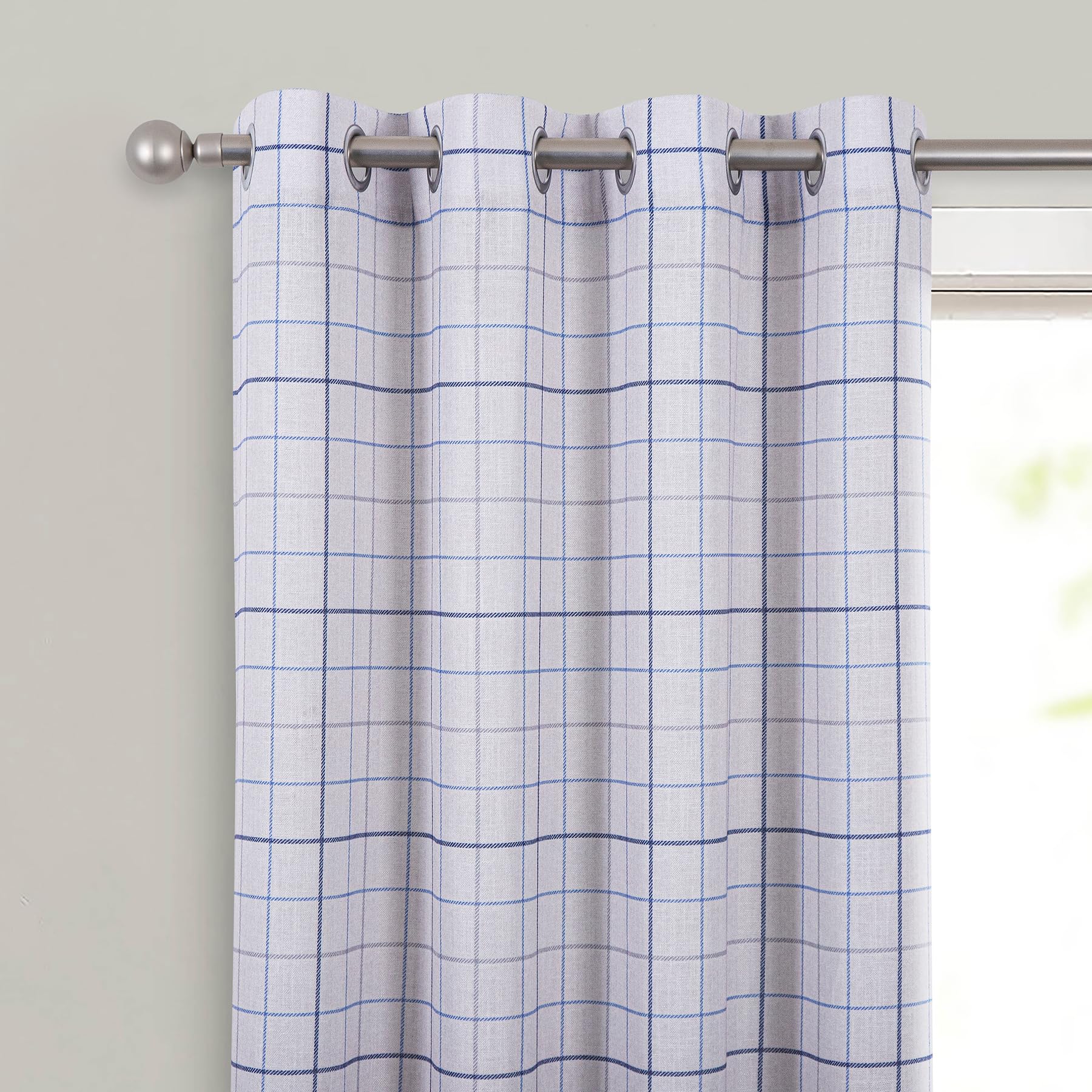 always4u Linen Look Curtains Eyelet Printed Check Curtains Semi-sheer Plaid Drapes for Living Room Bedroom Decoration Modern Textured 1 Pair Beige Blue W90 x L90 Inches - Image 3