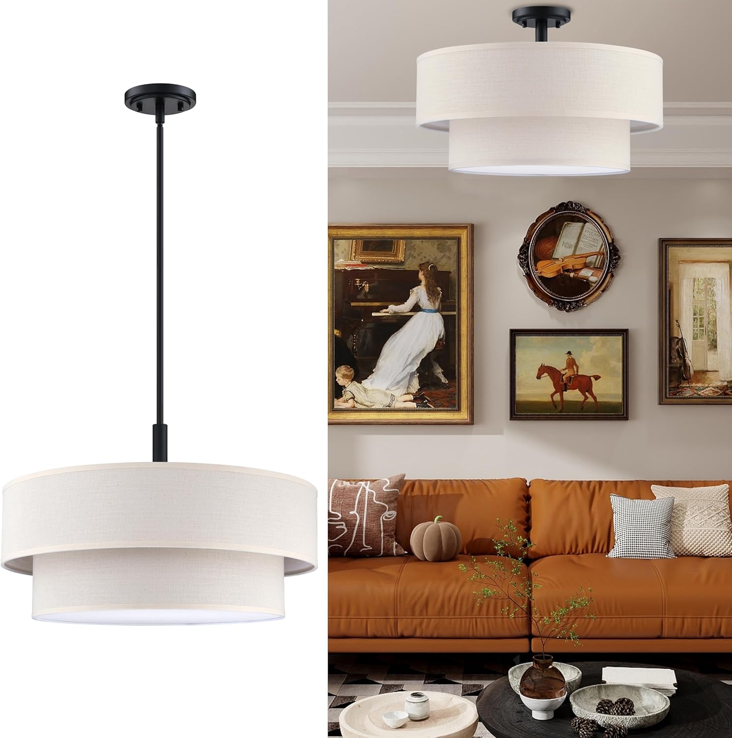 4 Light 18 Inch Cream Fabric Shade Hanging Pendant Ceiling Light Fixture,Adjustable Rod Semi Flush Mount Light Black Finish for Bedroom,Living Room,Dining Room Hallway