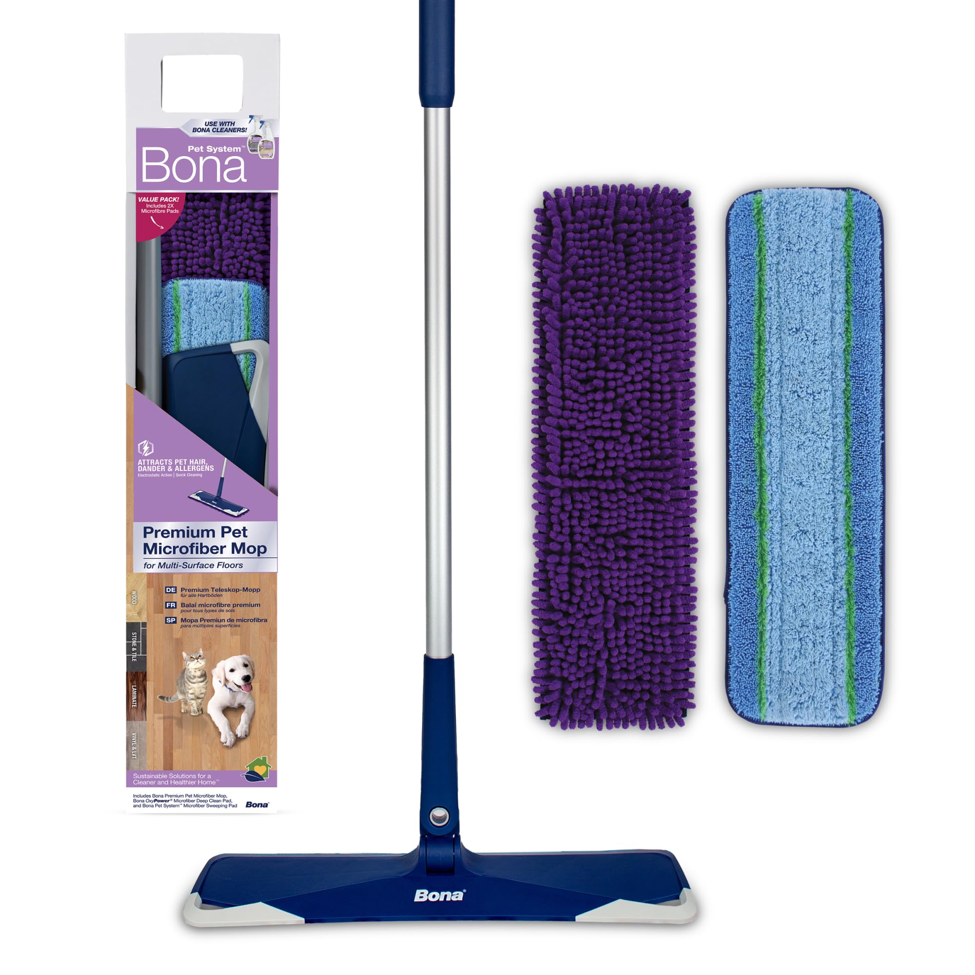 Bona Pet System Premium zestaw mopa z mikrofibry, do czyszczenia twardych podłóg, w zestawie 1 x mop podłogowy, 1 x podkładka do czyszczenia, 1 x podkładka do zamiatania, działanie elektrostatyczne