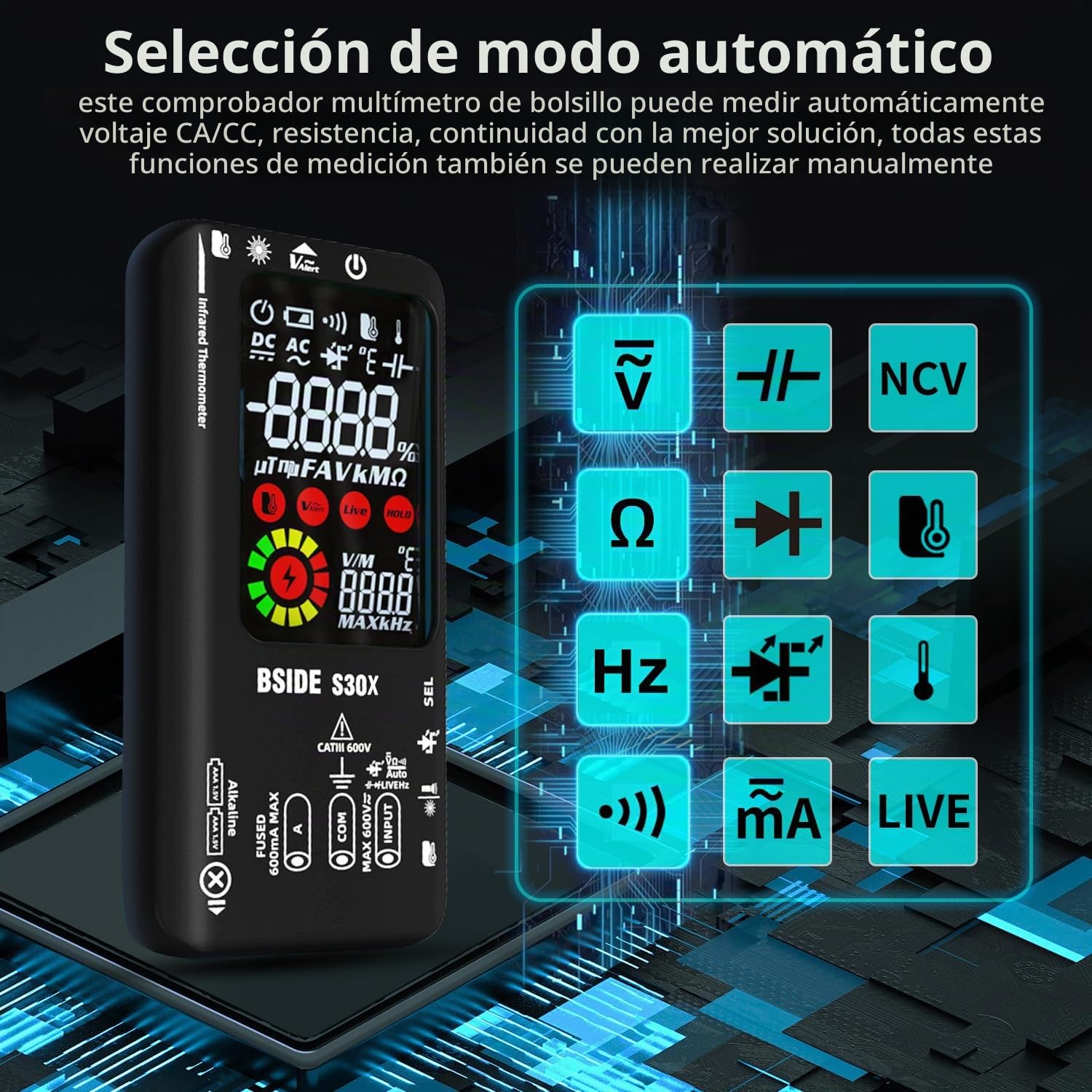 BSIDE Multímetro Digital Inteligente con Termómetro IR 12:1 Probador de Diodos Alta Tension 9999 Cuentas Medidor de Corriente Eléctrica Polímetro de Doble Alimentación para HVAC LED Coche Electrónica