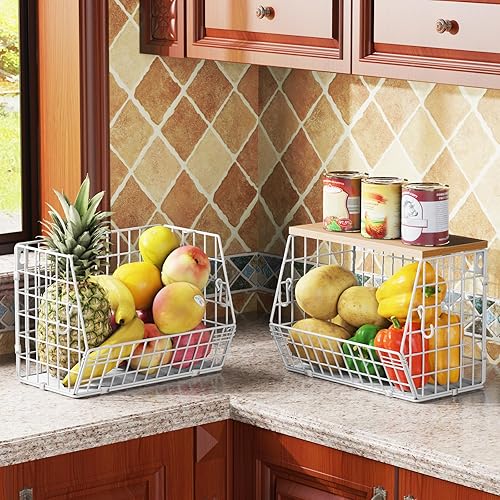 Miniatura 6 de Cesta de alambre para fruta, color blanco, cesta de almacenamiento de frutas y verduras, cesta de frutas para encimera de cocina, apilable, para