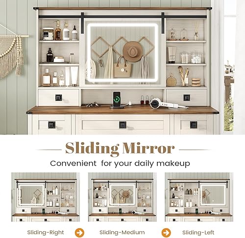 Miniatura 3 de AOGLLATI Escritorio de maquillaje de granja con luces y estación de carga, escritorio de tocador con espejo y luces, mesa grande de tocador marrón