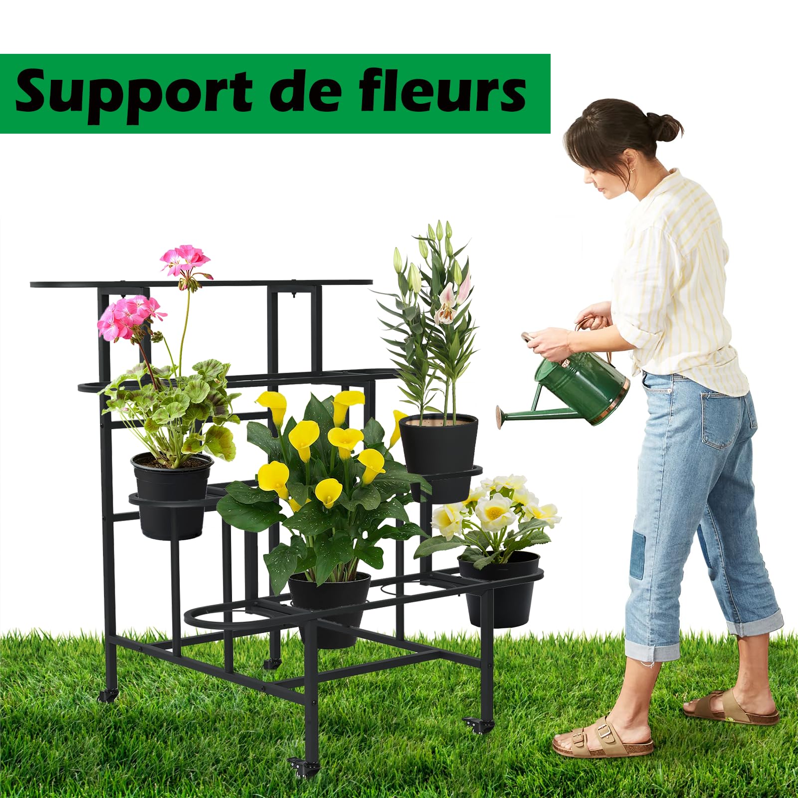 uyoyous Support de Plantes à 4 Étages, Support pour Plantes en Métal Étagère à Fleurs d'Intérieur et d'Extérieur avec Roulettes pour Balcon, Jardin, Salon, Ne comprend pas les 16 pots de fleurs, Noir