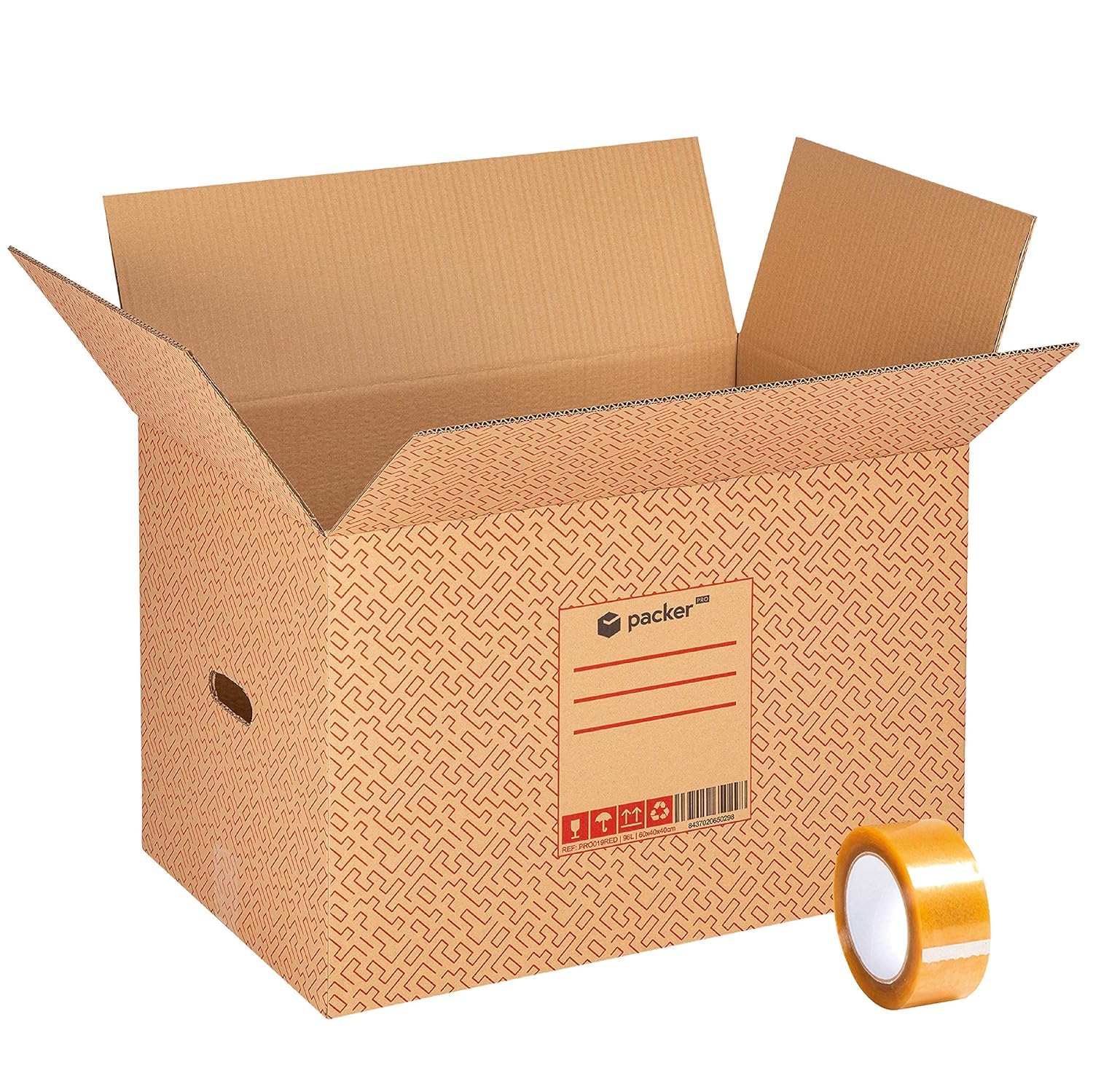 packer PRO Lot de 10 Boîtes en Carton pour Déménagement et Rangement avec Poignées et Ruban Adhésif, Carton Ultra Résistant, 600 x 400 x 400 mm