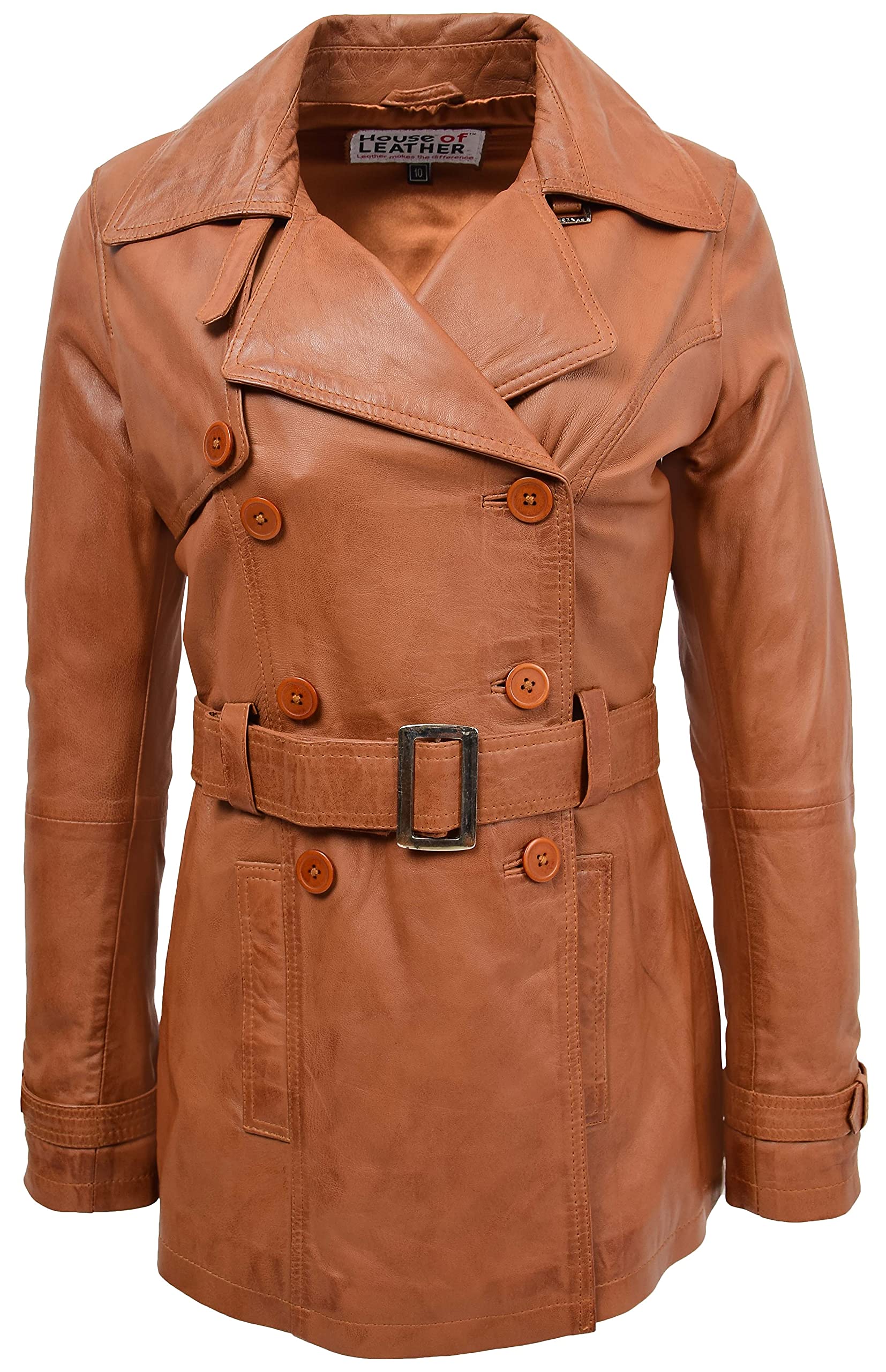 Womens Real Leather Double Breasted Mid Length Trench Coat Sienna (12, Tan)