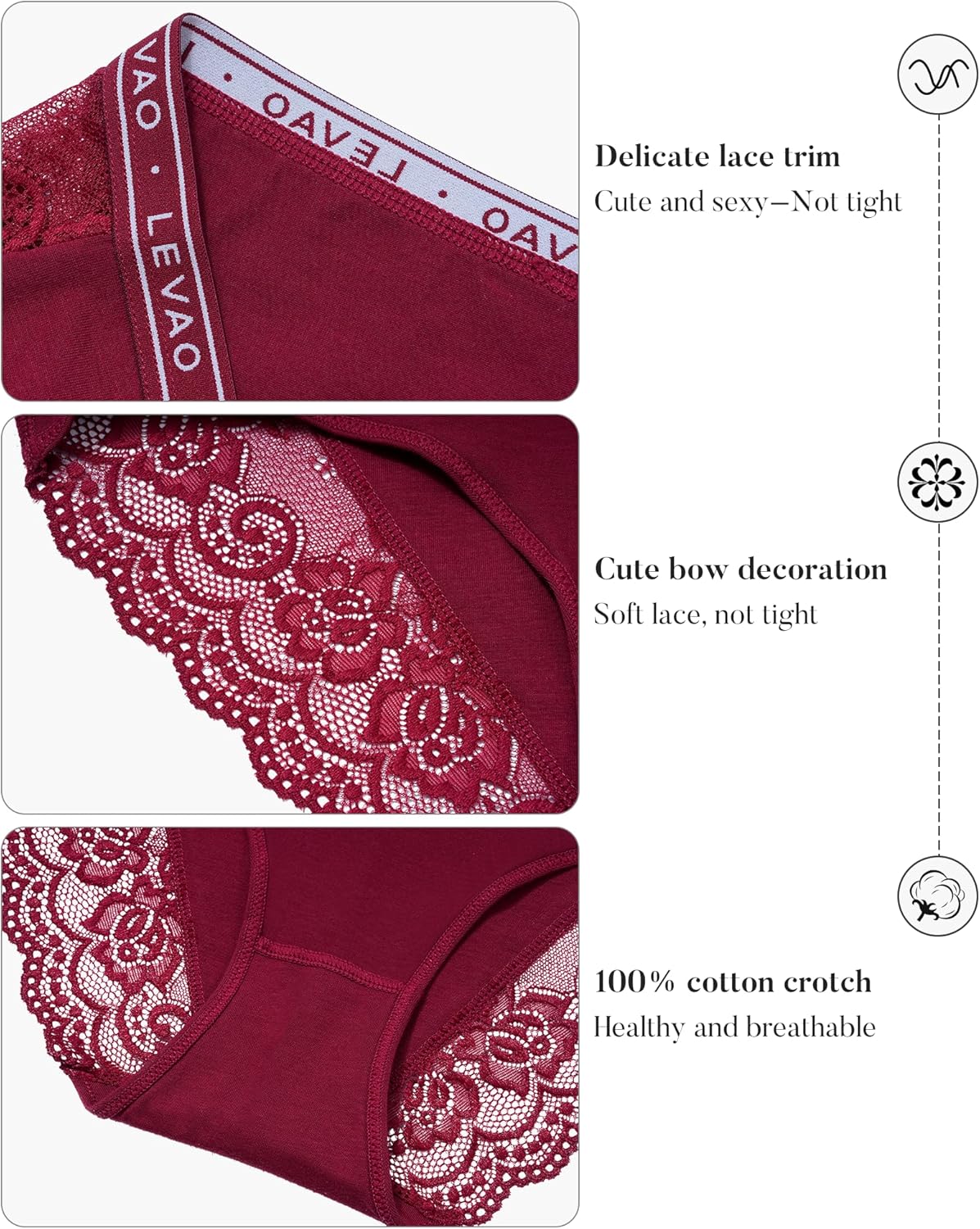 LEVAO Cotton Lace Underwear for Women Cheeky Bikini Soft Hipster Panties 5 Pack S-XXL - Image 4