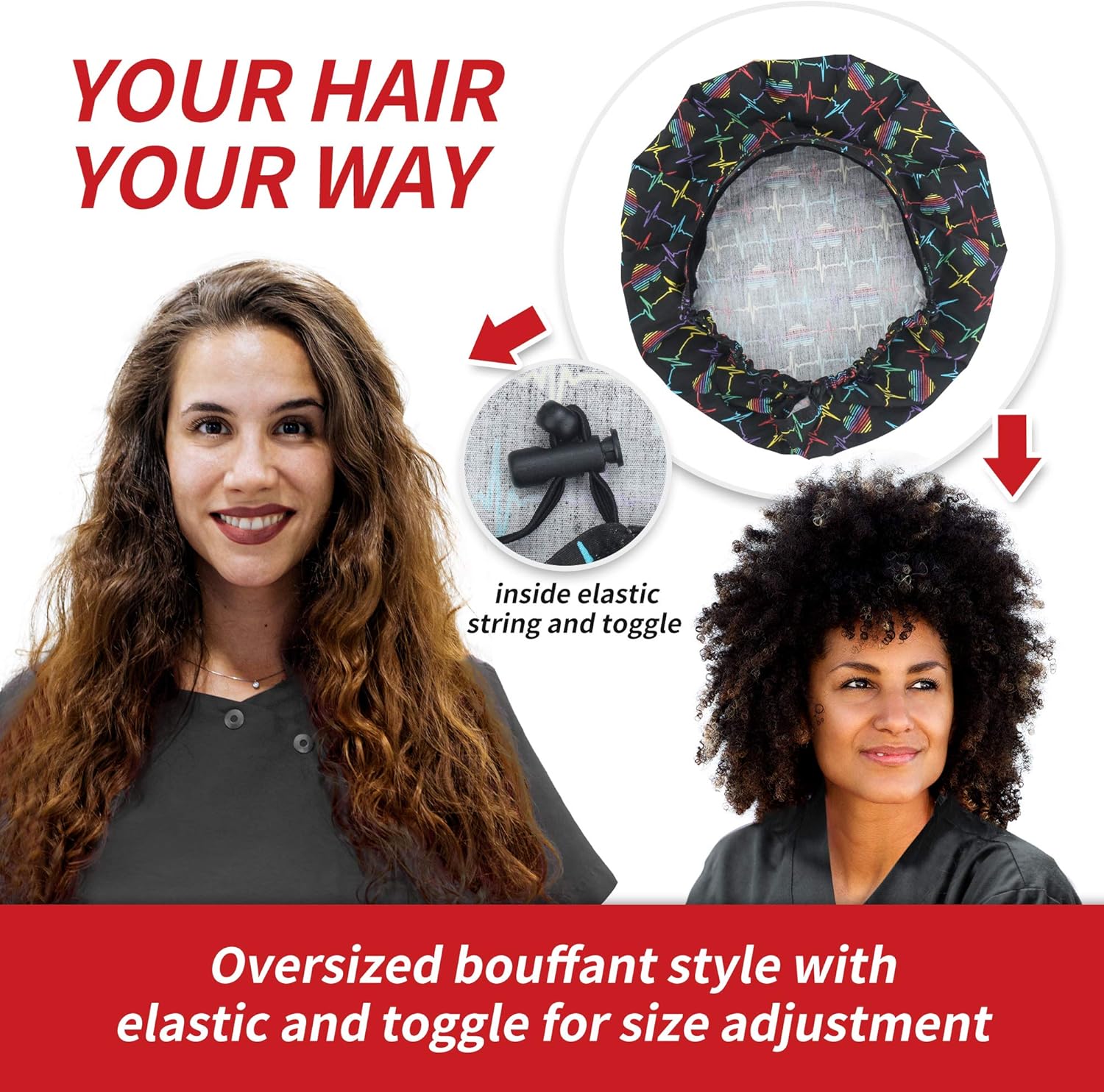 ABAMERICA 2 Pack Bouffant Caps with Button and Sweatband, Adjustable Scrub Caps for Women Men, One Size Multi Color - Image 6